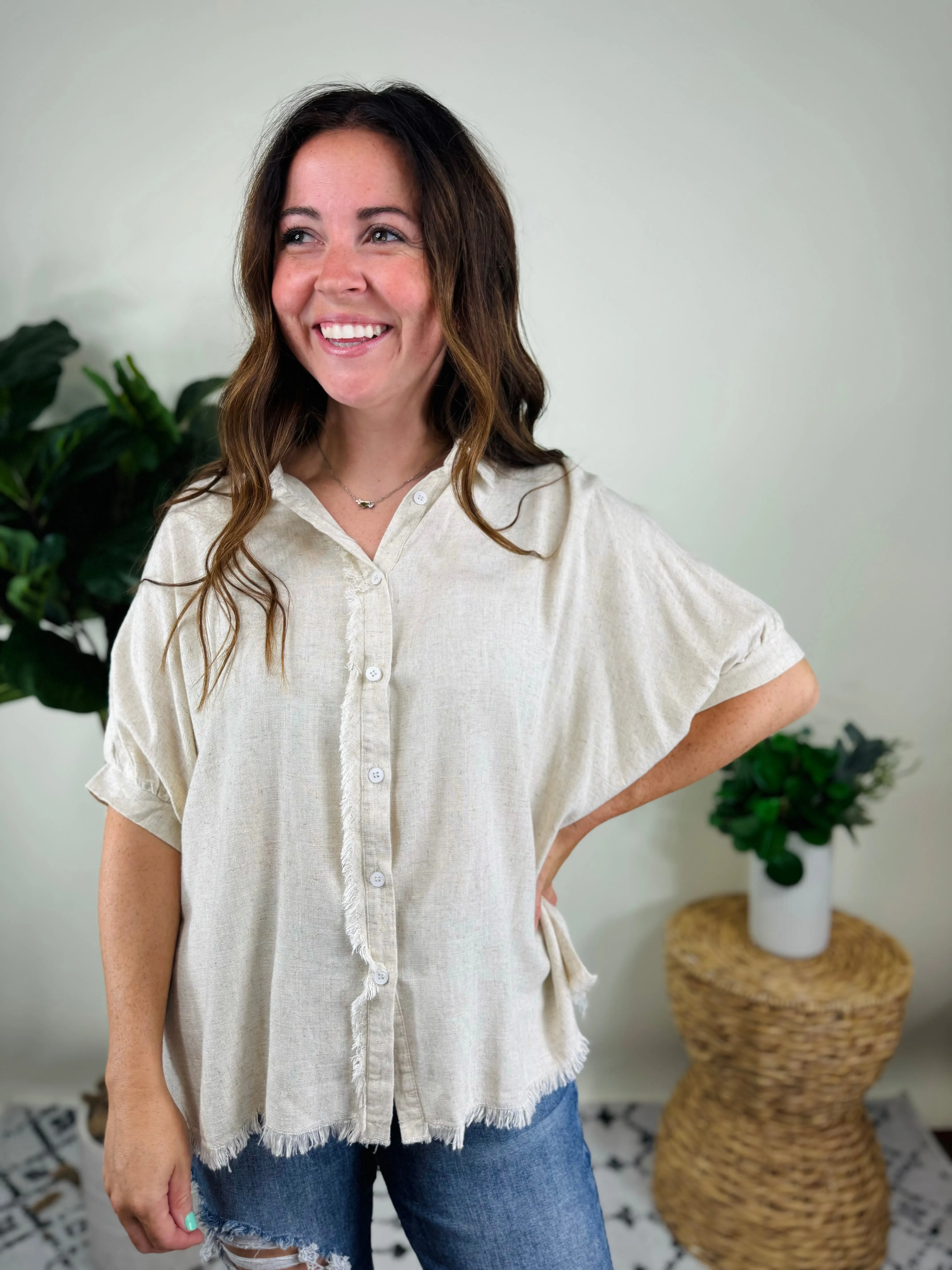 Oatmeal Linen Button Down Collared Top