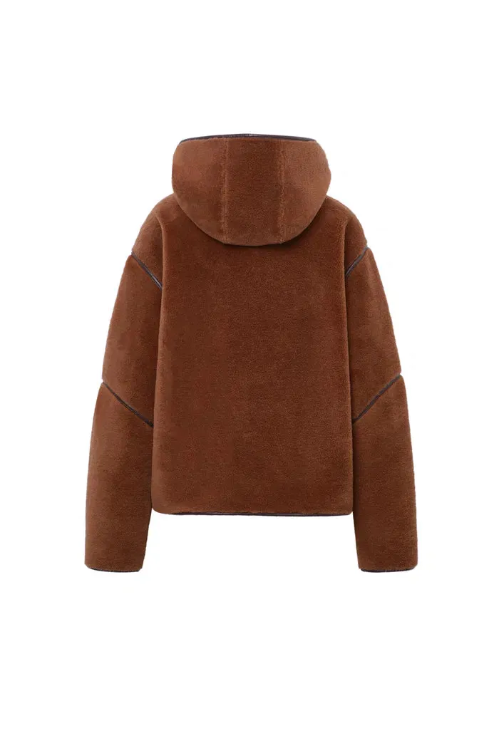 Olga Shearling Hooded Short Jacket in Eco Leather with Wool