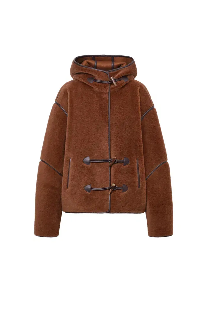 Olga Shearling Hooded Short Jacket in Eco Leather with Wool