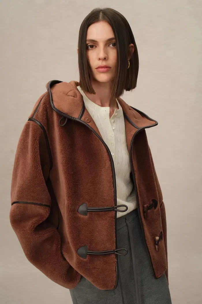 Olga Shearling Hooded Short Jacket in Eco Leather with Wool