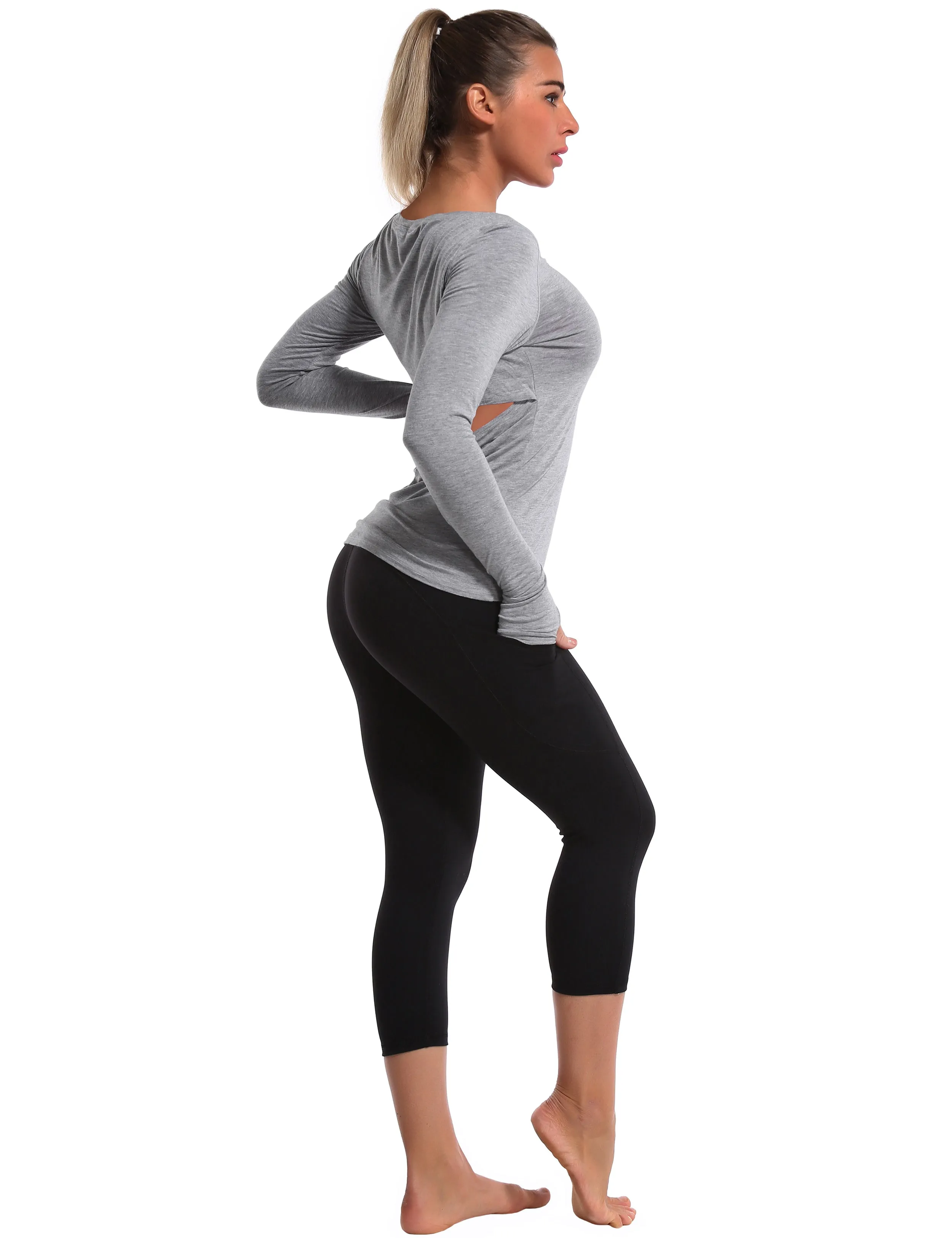 Open Back Long Sleeve Tops heathergray_yoga