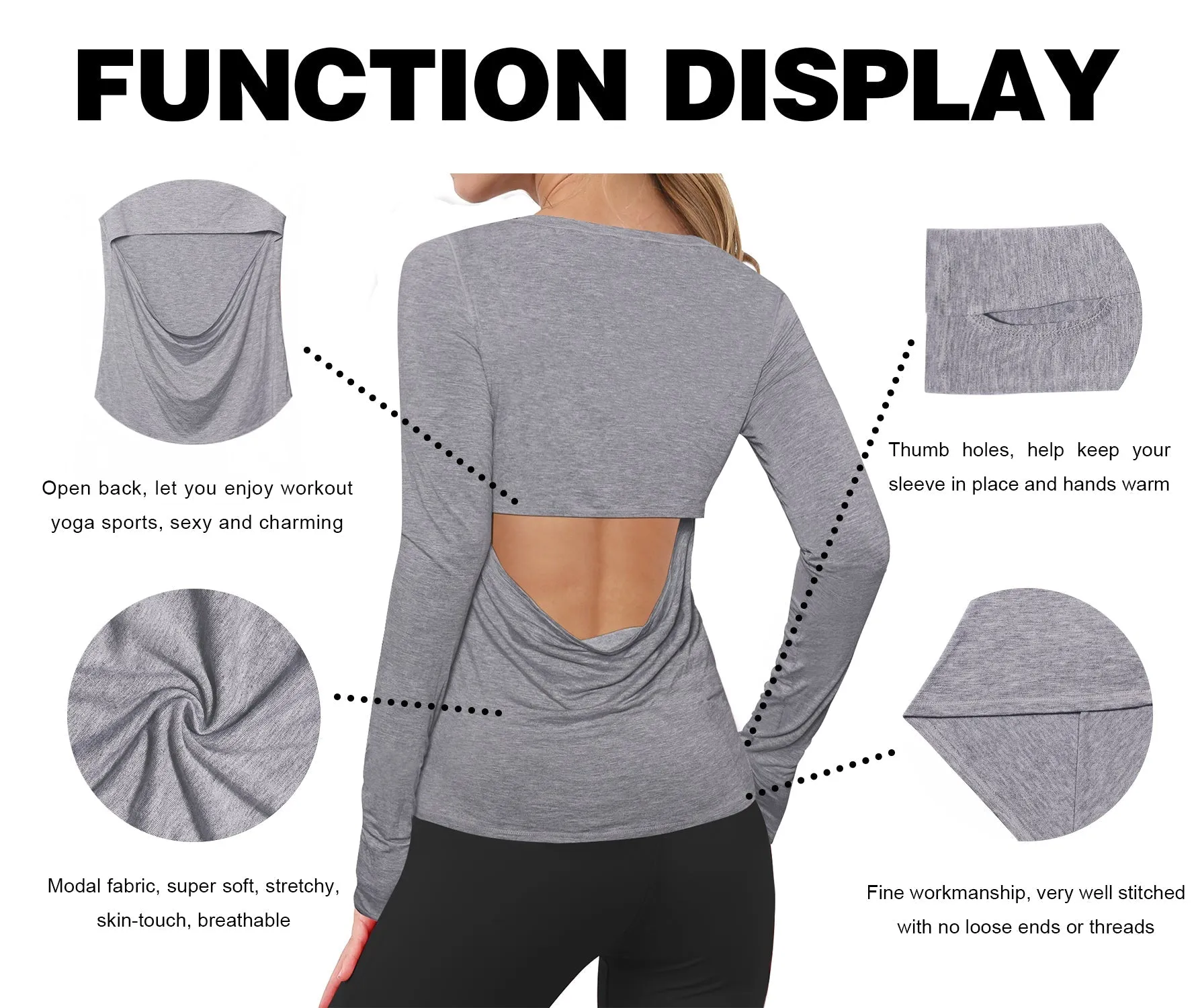 Open Back Long Sleeve Tops heathergray_yoga