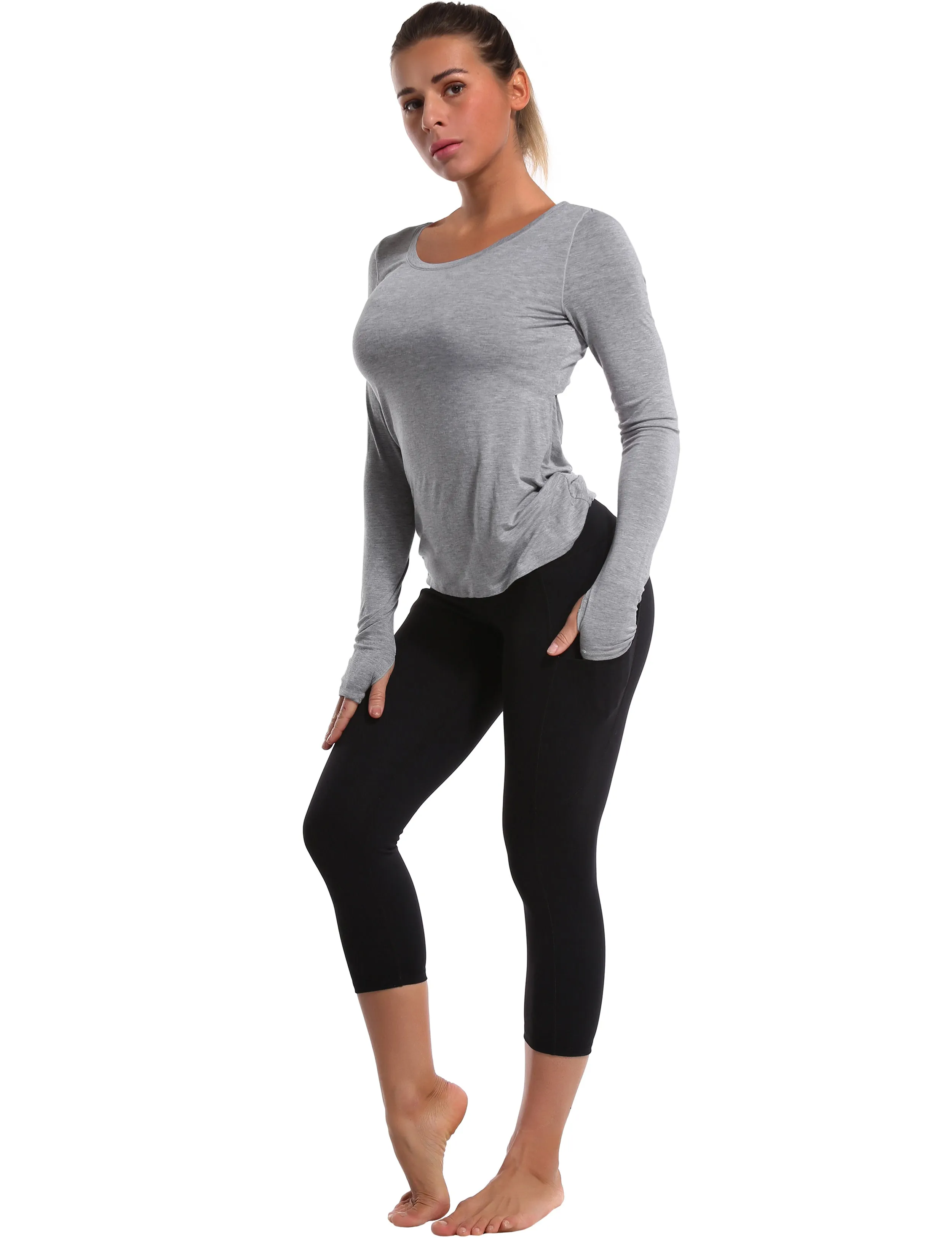 Open Back Long Sleeve Tops heathergray_yoga