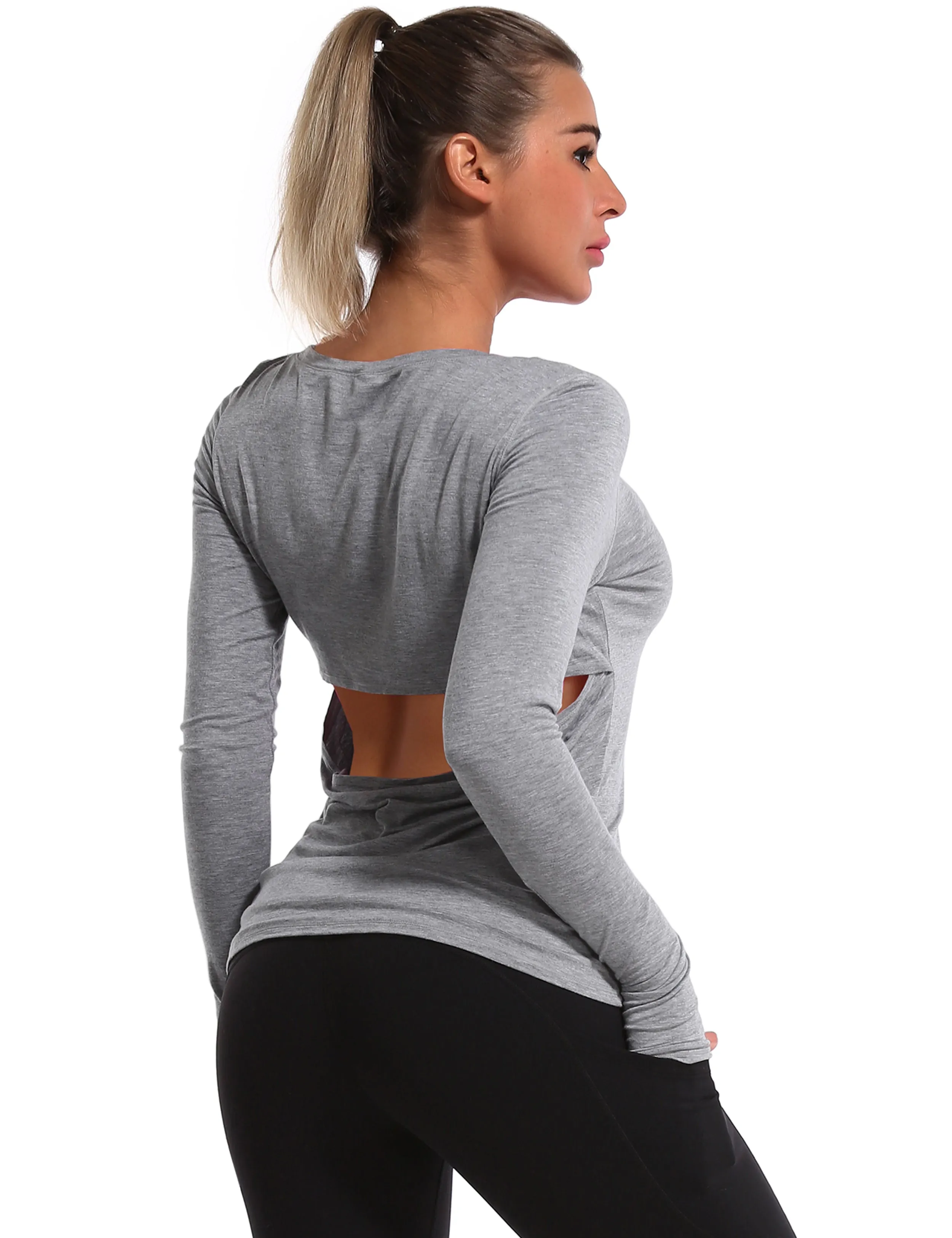 Open Back Long Sleeve Tops heathergray_yoga