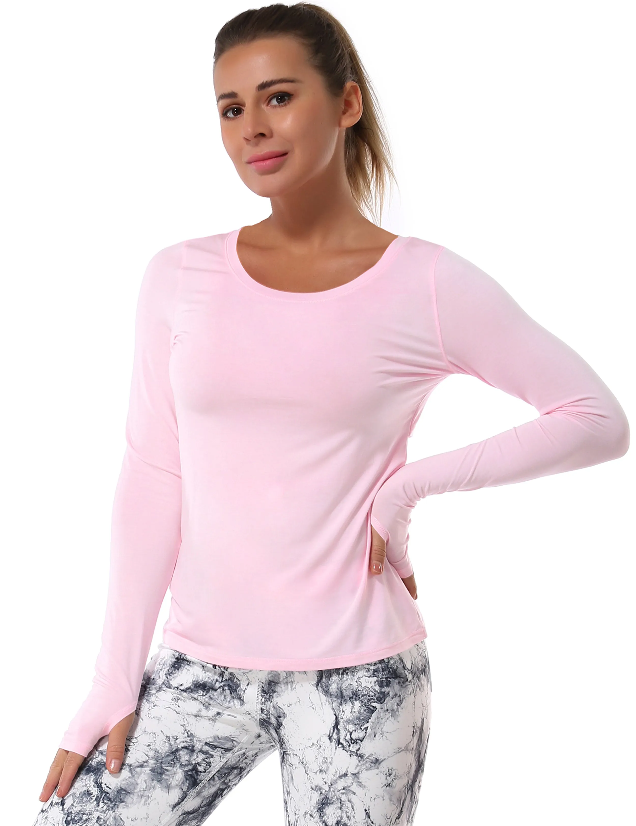 Open Back Long Sleeve Tops lightpink_Biking