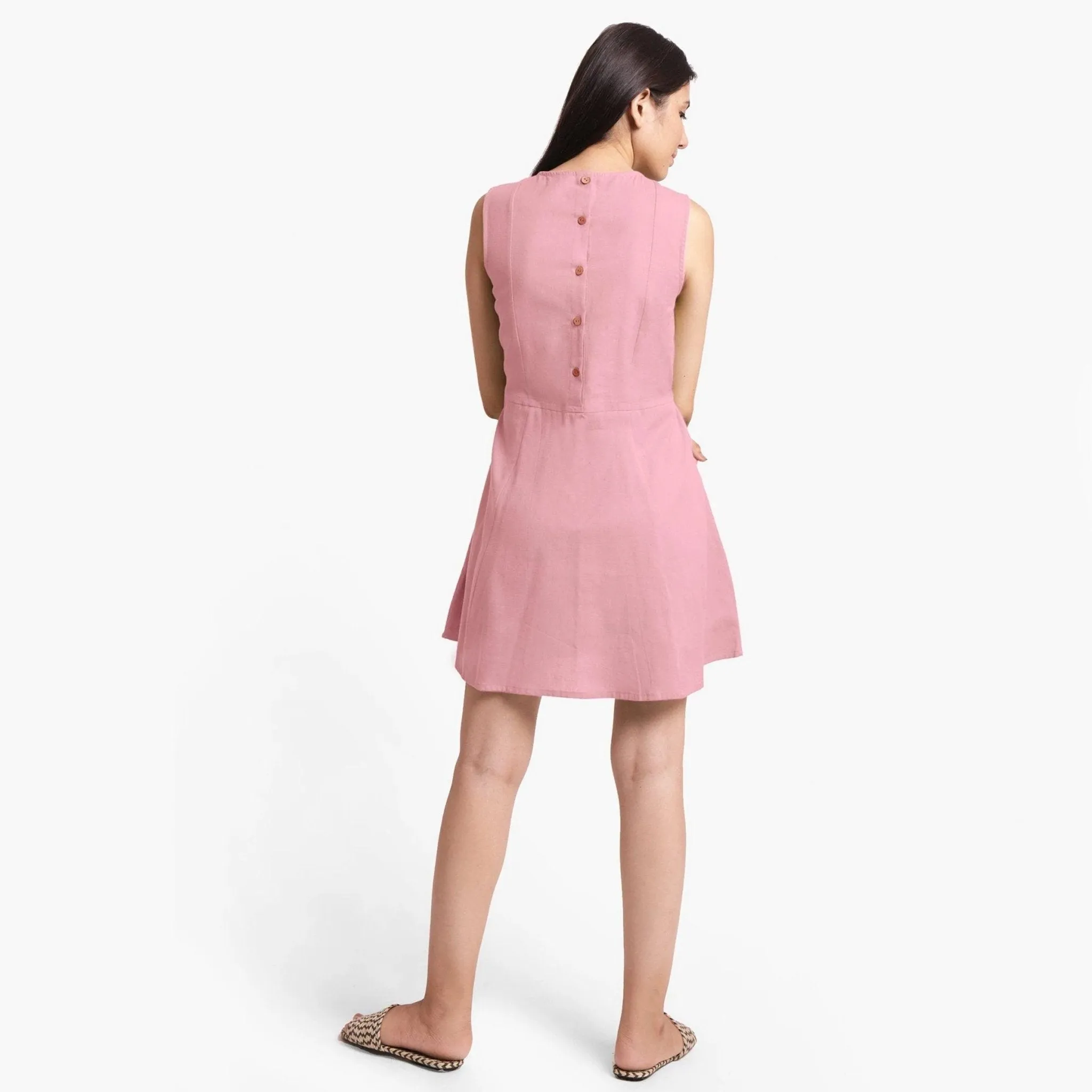 Pink Patch Pocket Cotton Flax Princess Line Short Dress