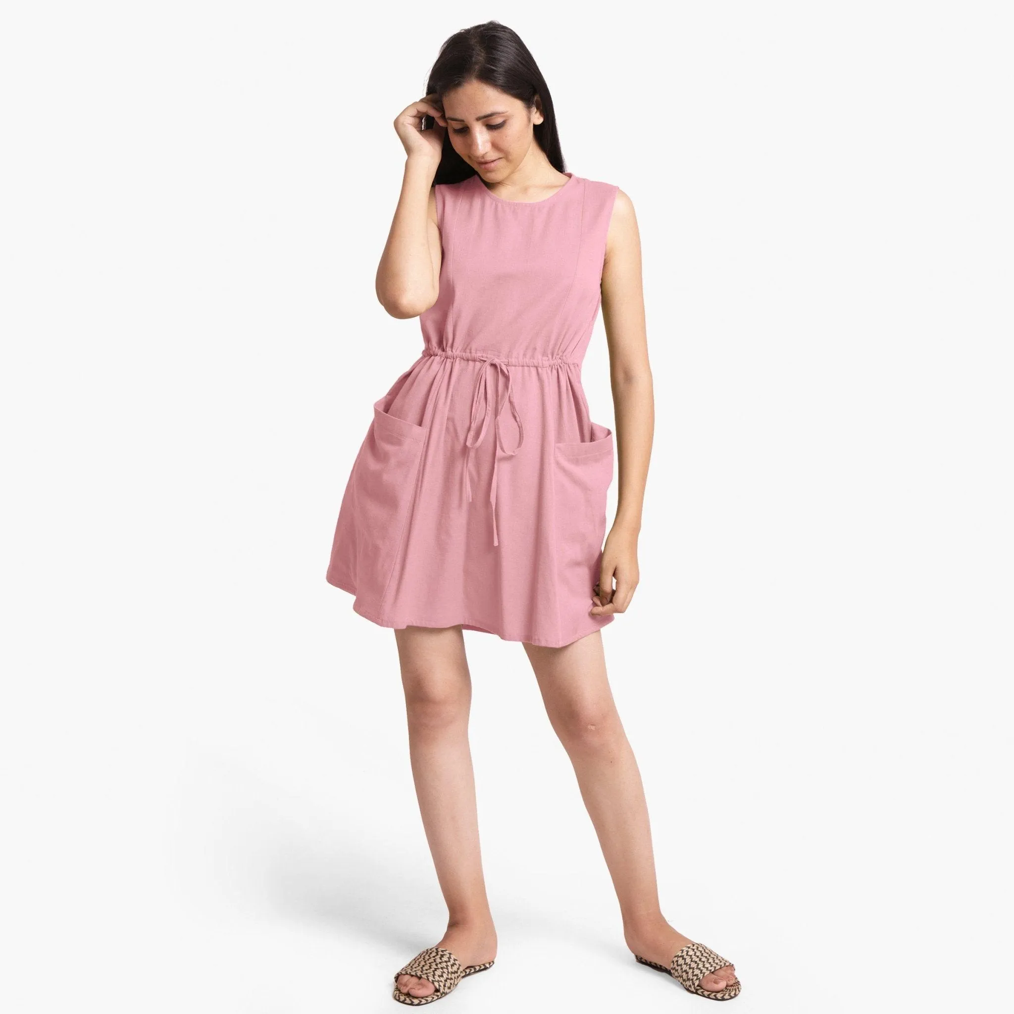 Pink Patch Pocket Cotton Flax Princess Line Short Dress