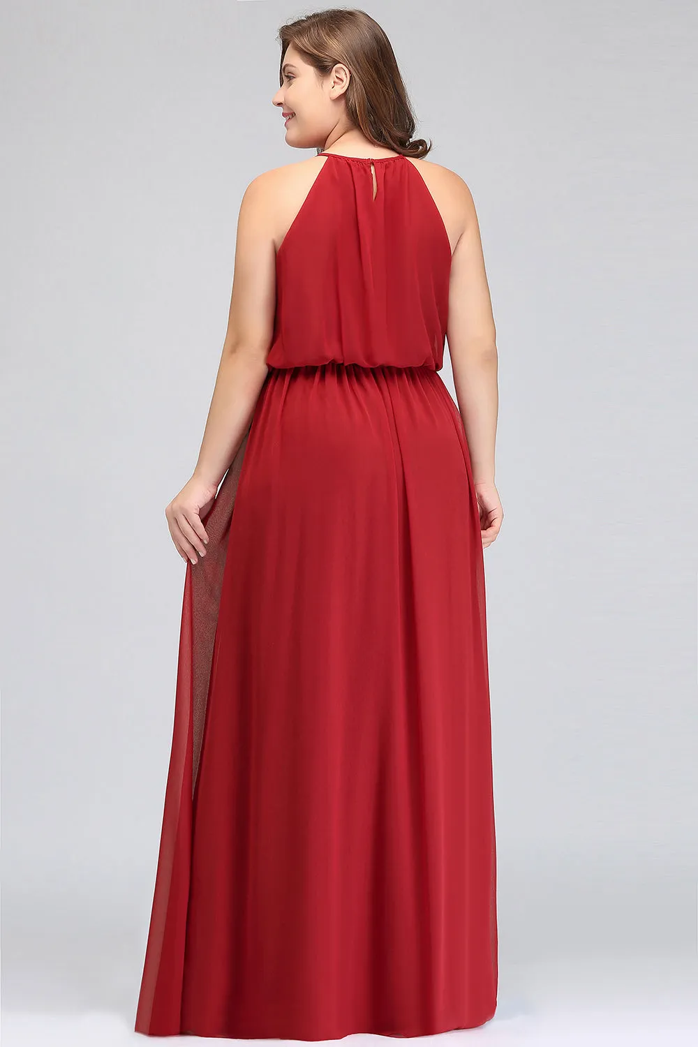 Plus Size Long A-line Chiffon Spaghetti Straps Halter Bridesmaid Dress With Ruffles