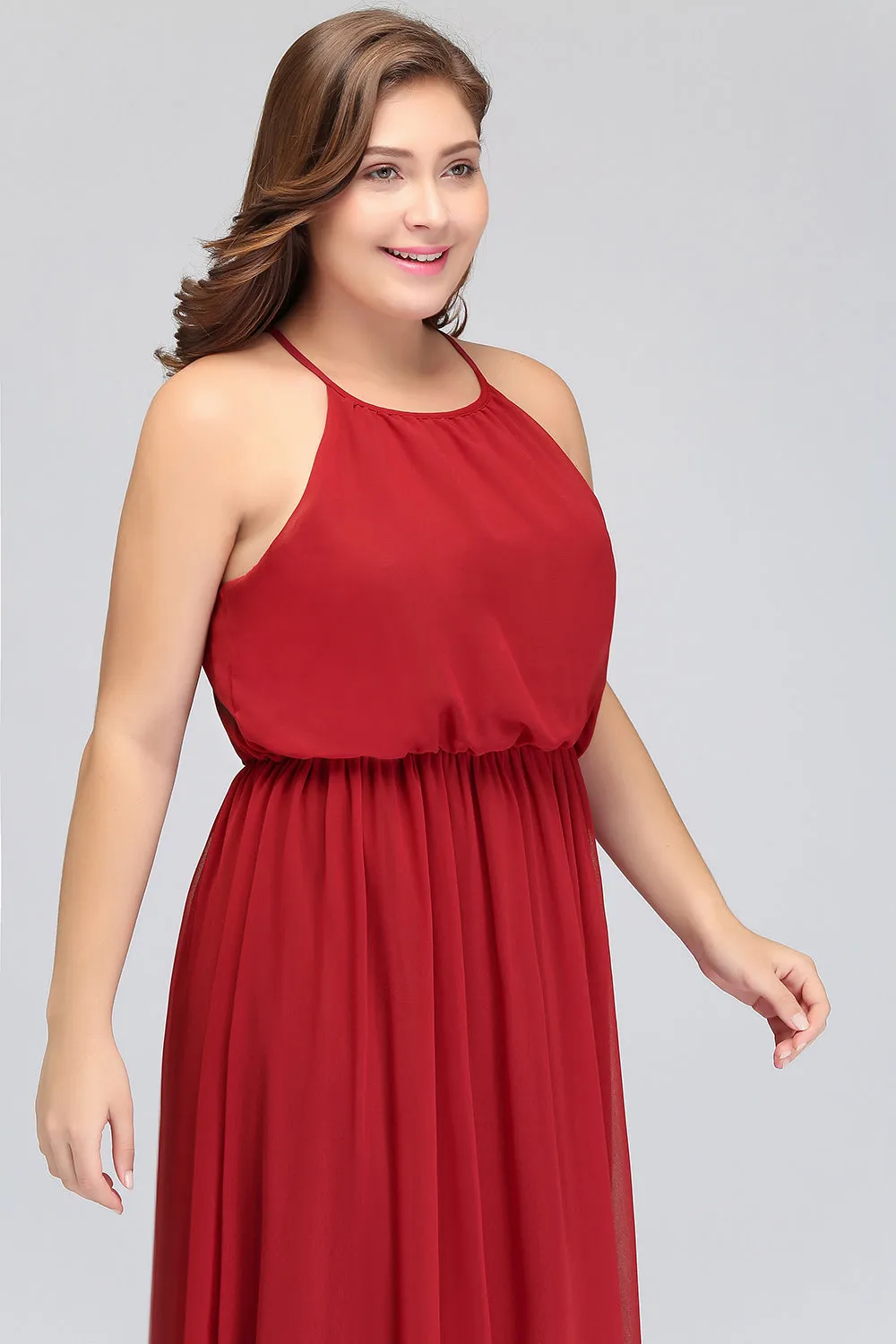 Plus Size Long A-line Chiffon Spaghetti Straps Halter Bridesmaid Dress With Ruffles