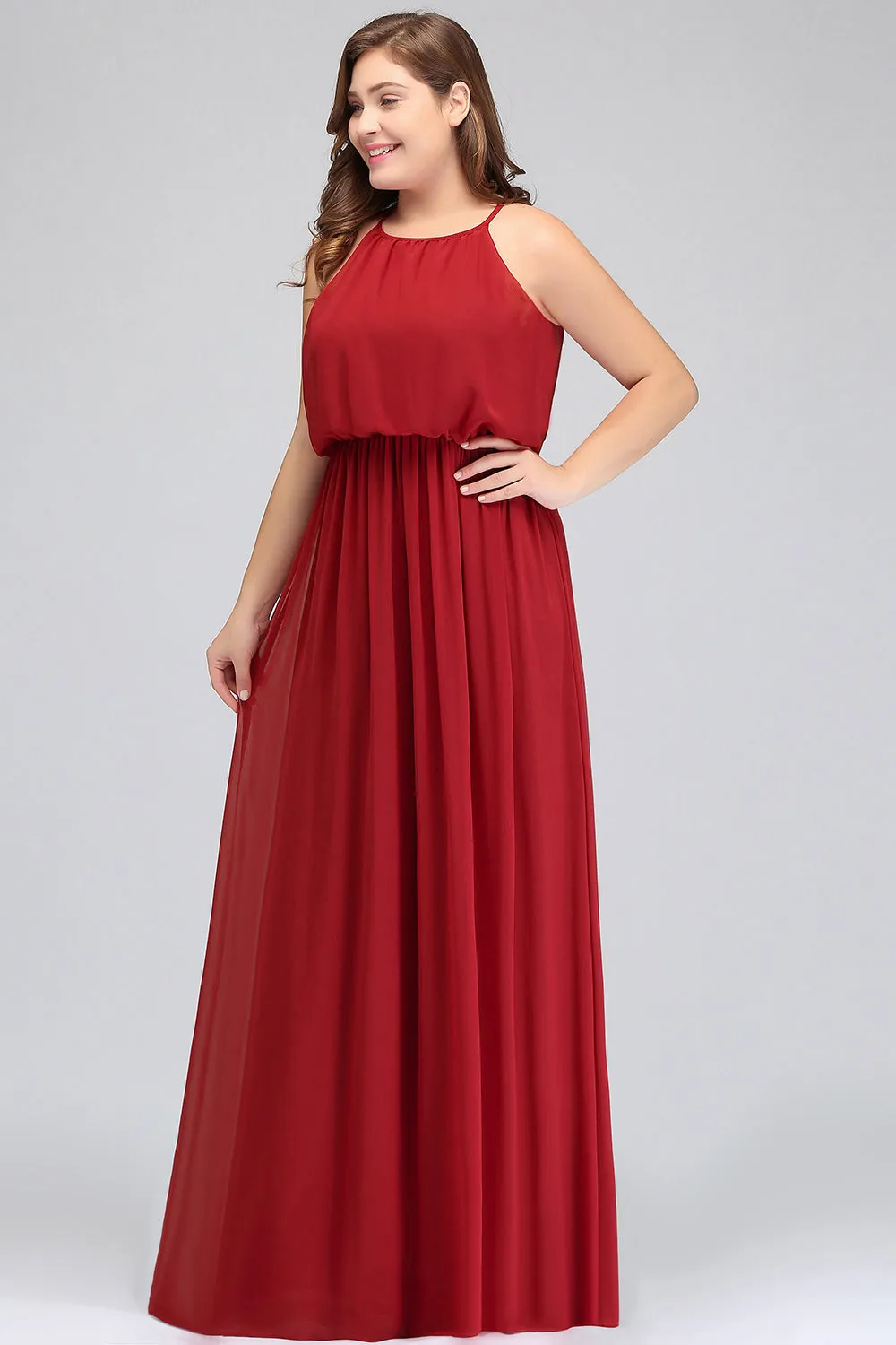 Plus Size Long A-line Chiffon Spaghetti Straps Halter Bridesmaid Dress With Ruffles