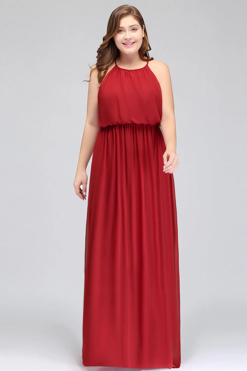 Plus Size Long A-line Chiffon Spaghetti Straps Halter Bridesmaid Dress With Ruffles