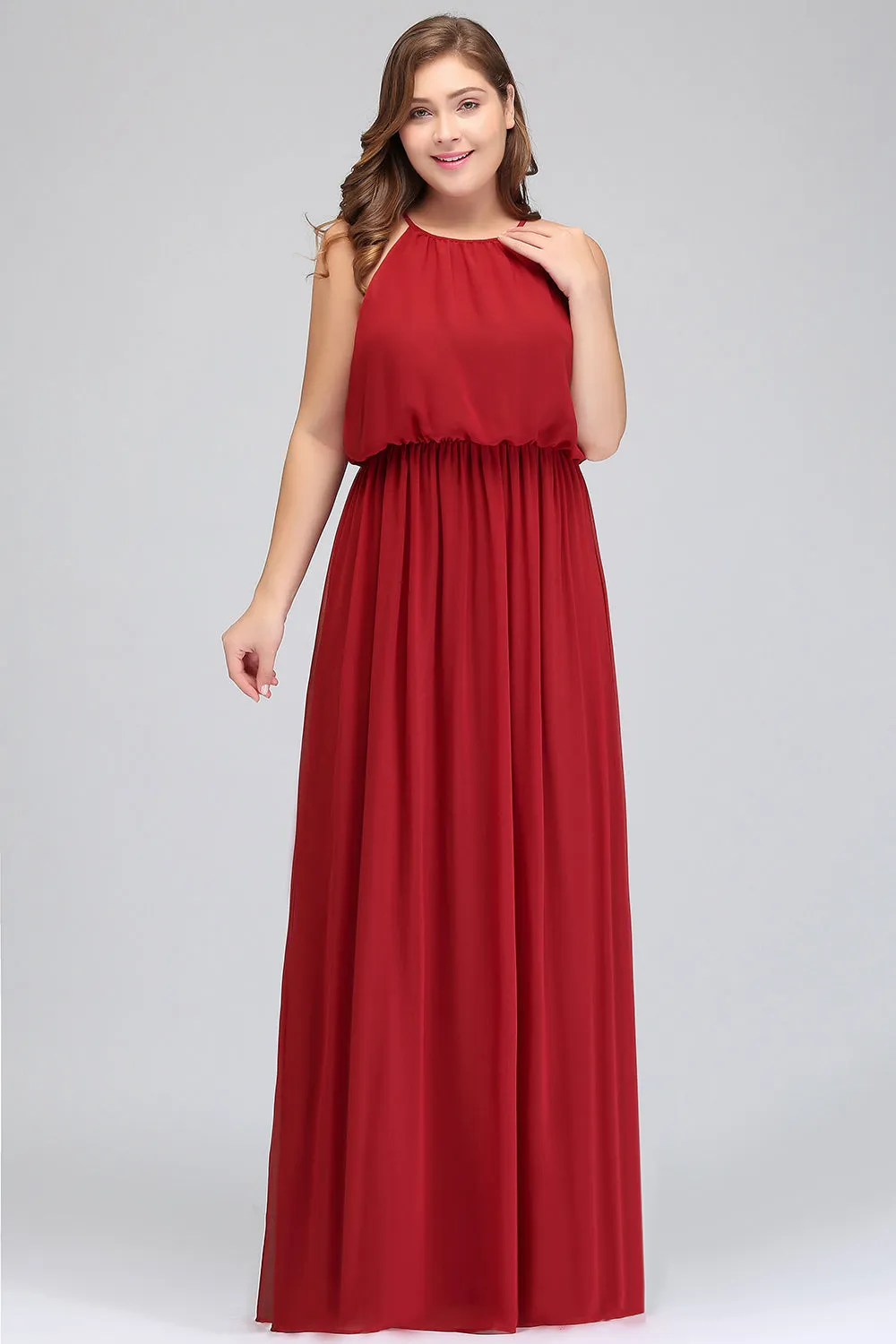 Plus Size Long A-line Chiffon Spaghetti Straps Halter Bridesmaid Dress With Ruffles