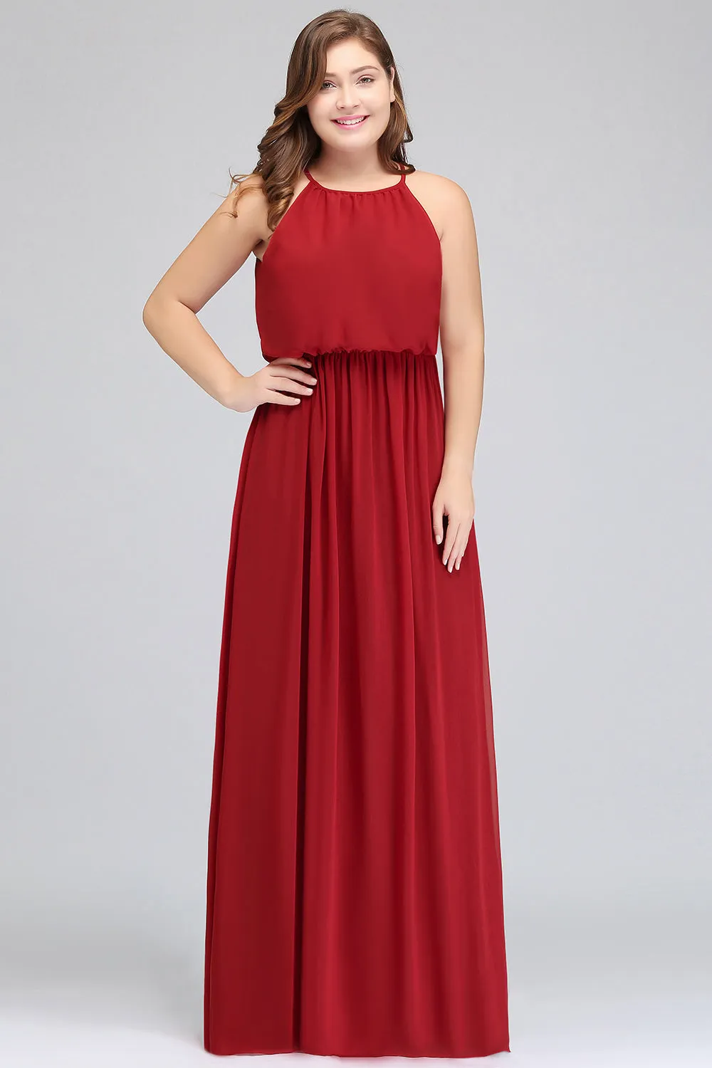 Plus Size Long A-line Chiffon Spaghetti Straps Halter Bridesmaid Dress With Ruffles