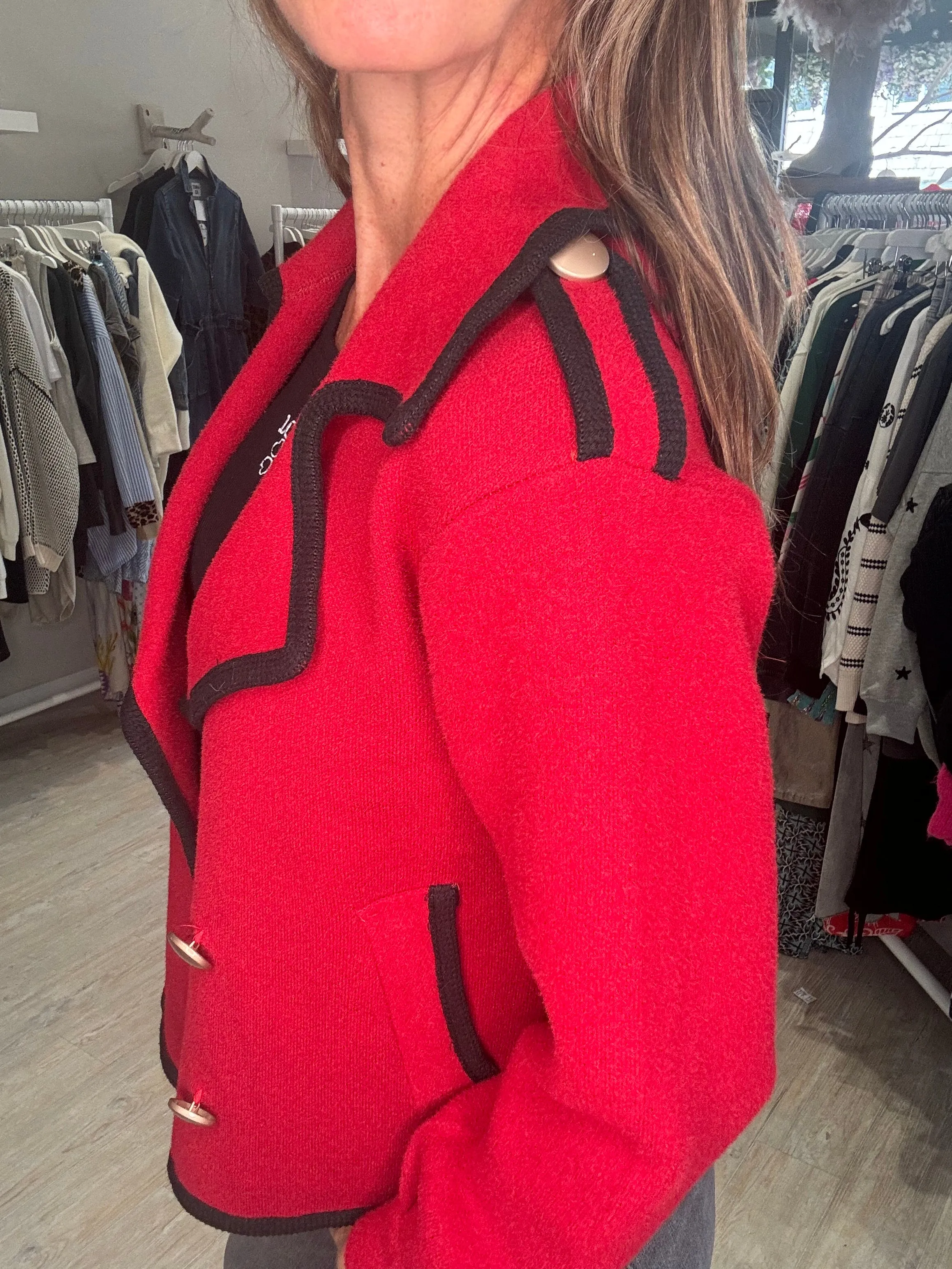 Poppy Red Knitted Jacket with Gold Buttons and Black Trim