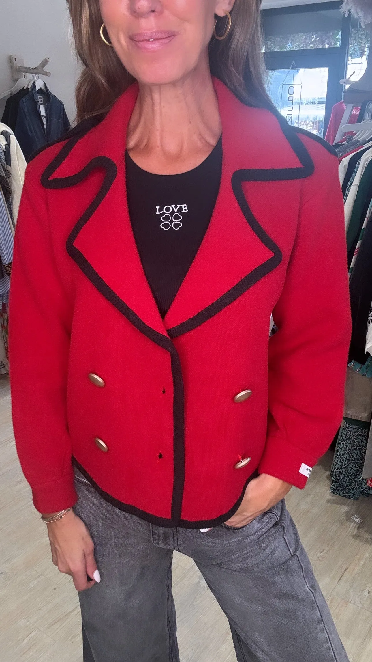 Poppy Red Knitted Jacket with Gold Buttons and Black Trim