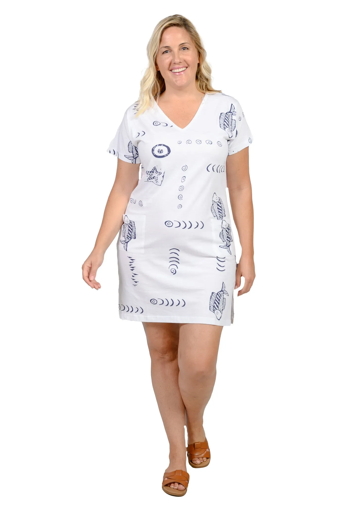 Printed V-neck 100% Cotton T-shirt short dress