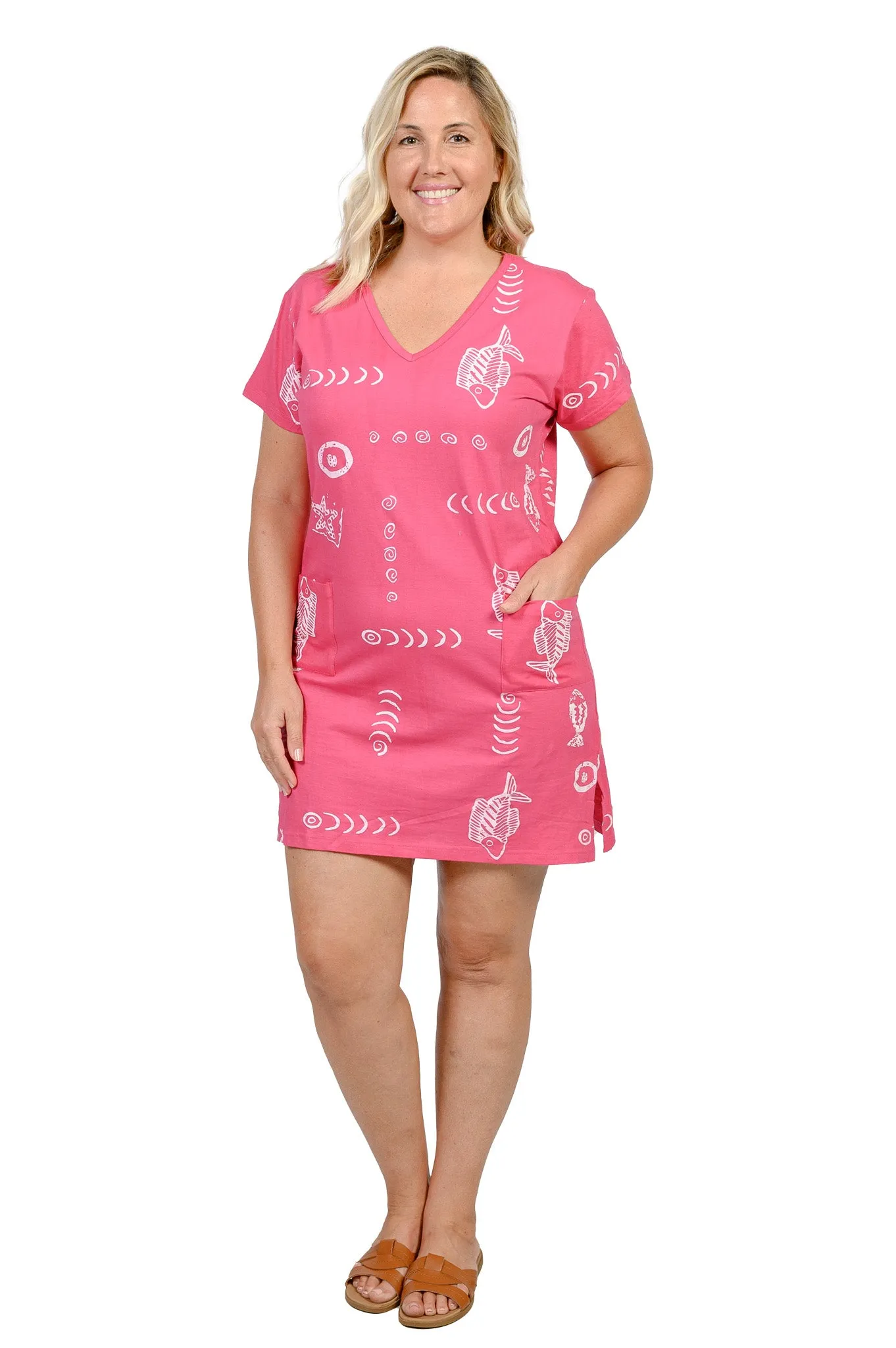 Printed V-neck 100% Cotton T-shirt short dress