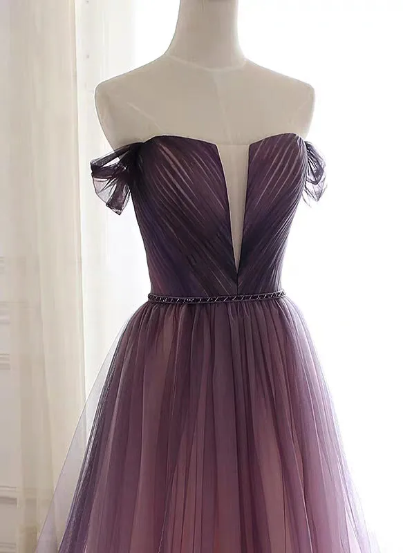 Purple pink v neck off shoulder tulle gradient prom dress