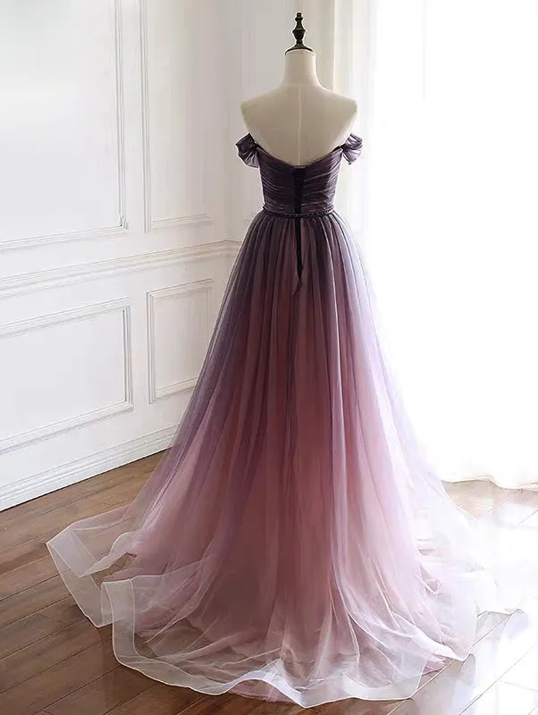 Purple pink v neck off shoulder tulle gradient prom dress