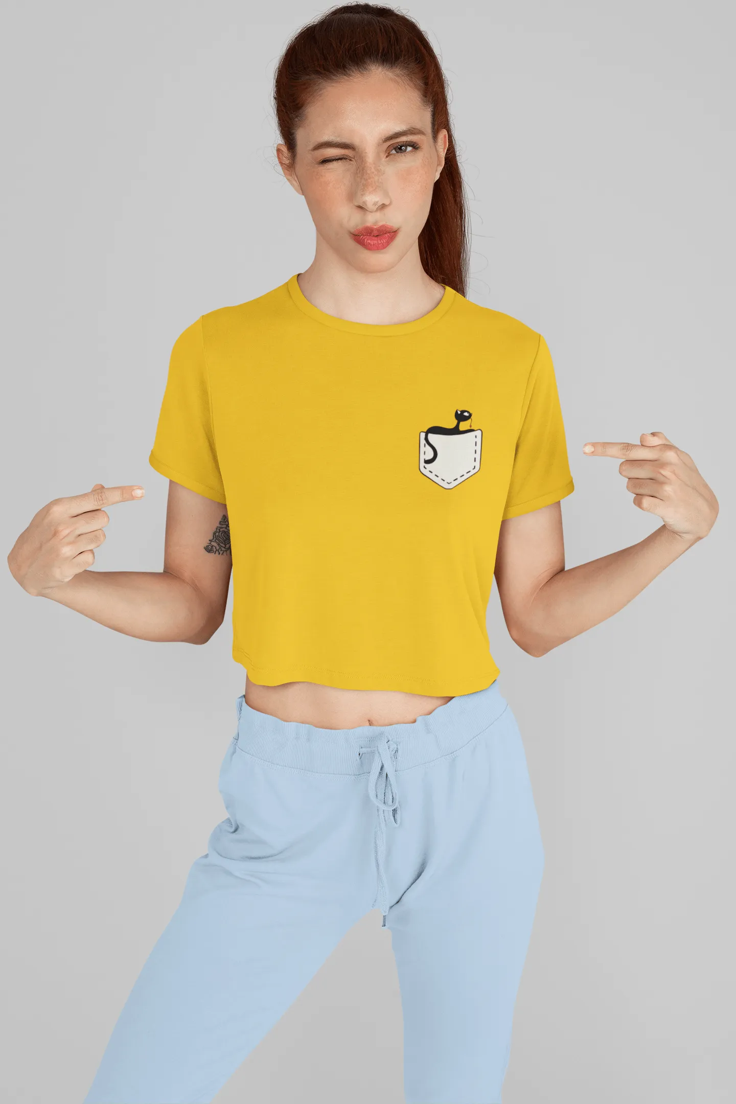 " CUTE CAT " - HALF SLEEVE POCKET DESIGN CROP TOPS