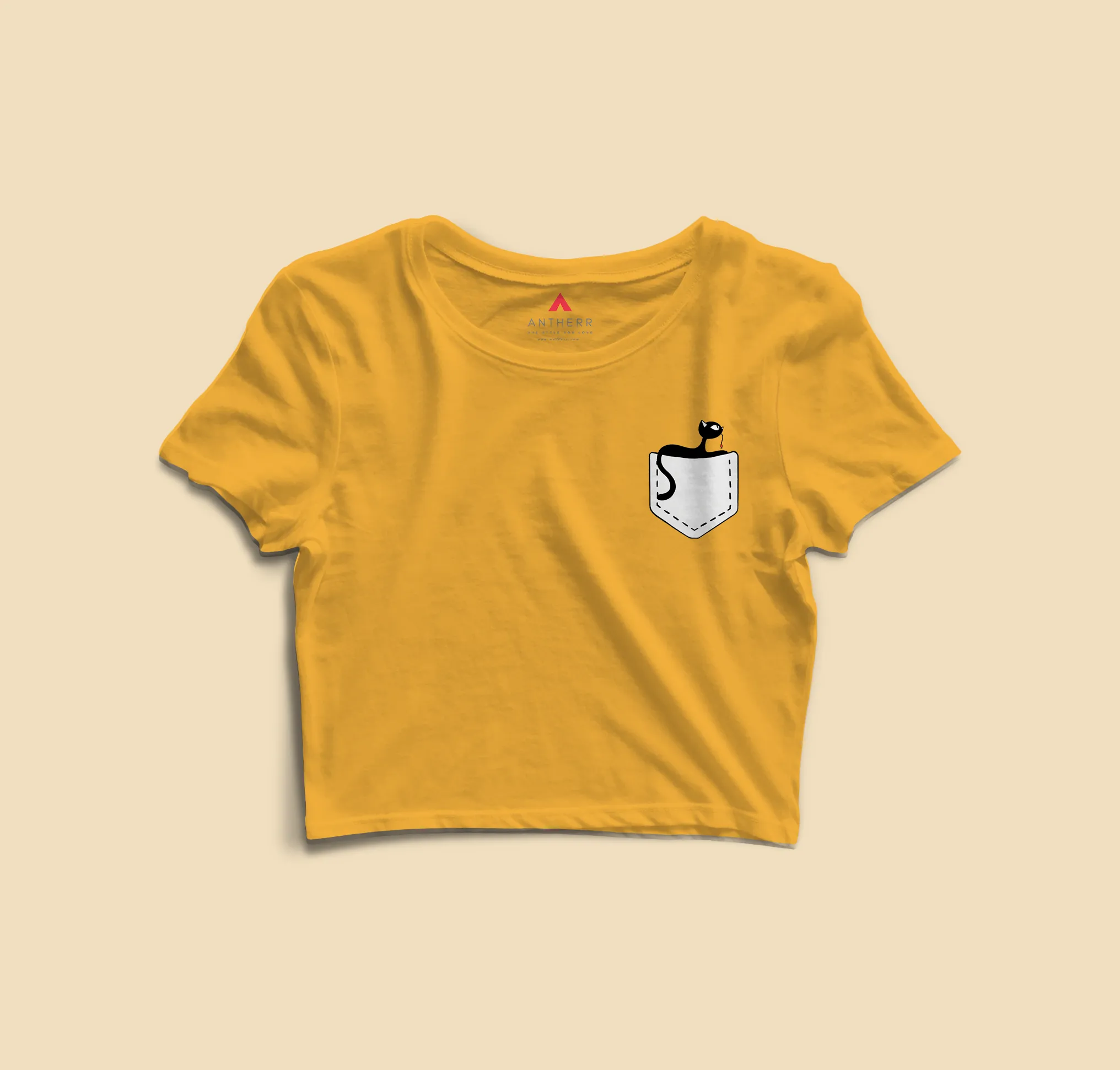 " CUTE CAT " - HALF SLEEVE POCKET DESIGN CROP TOPS