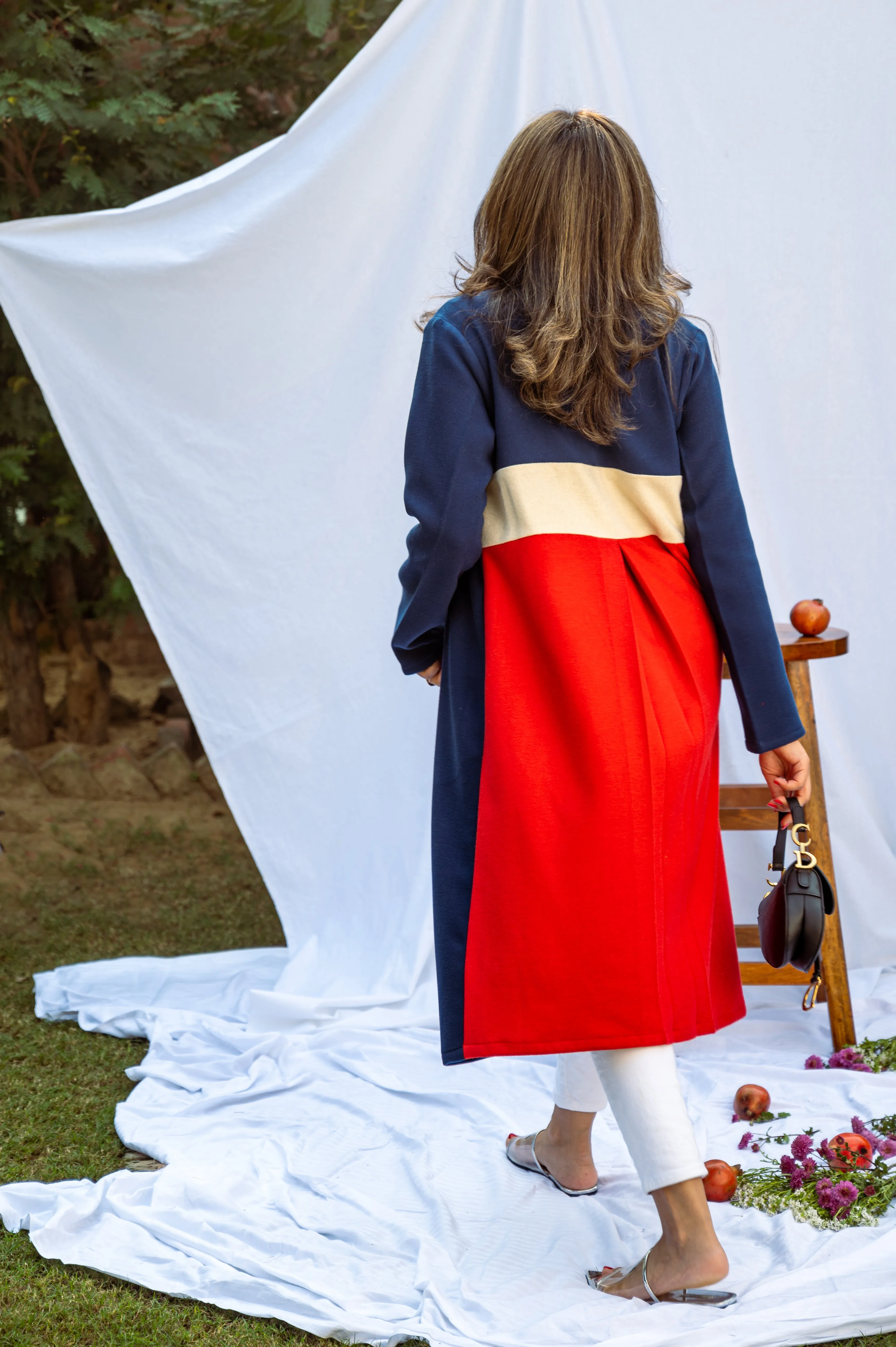 Red and blue overcoat