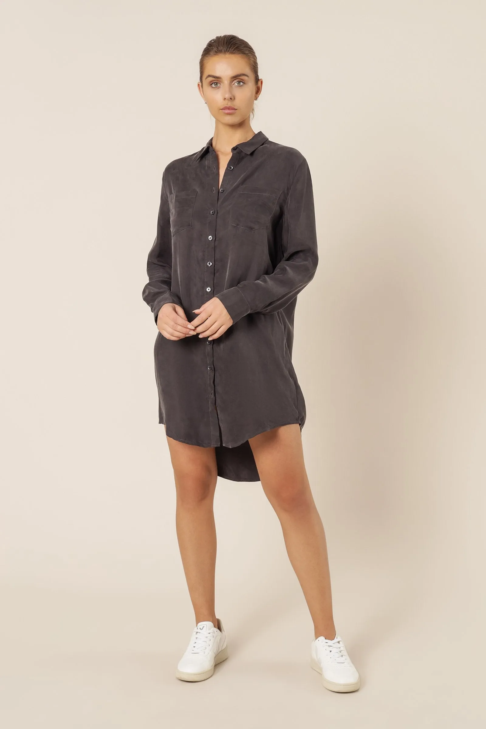 Reese Cupro Shirt Dress- Coal