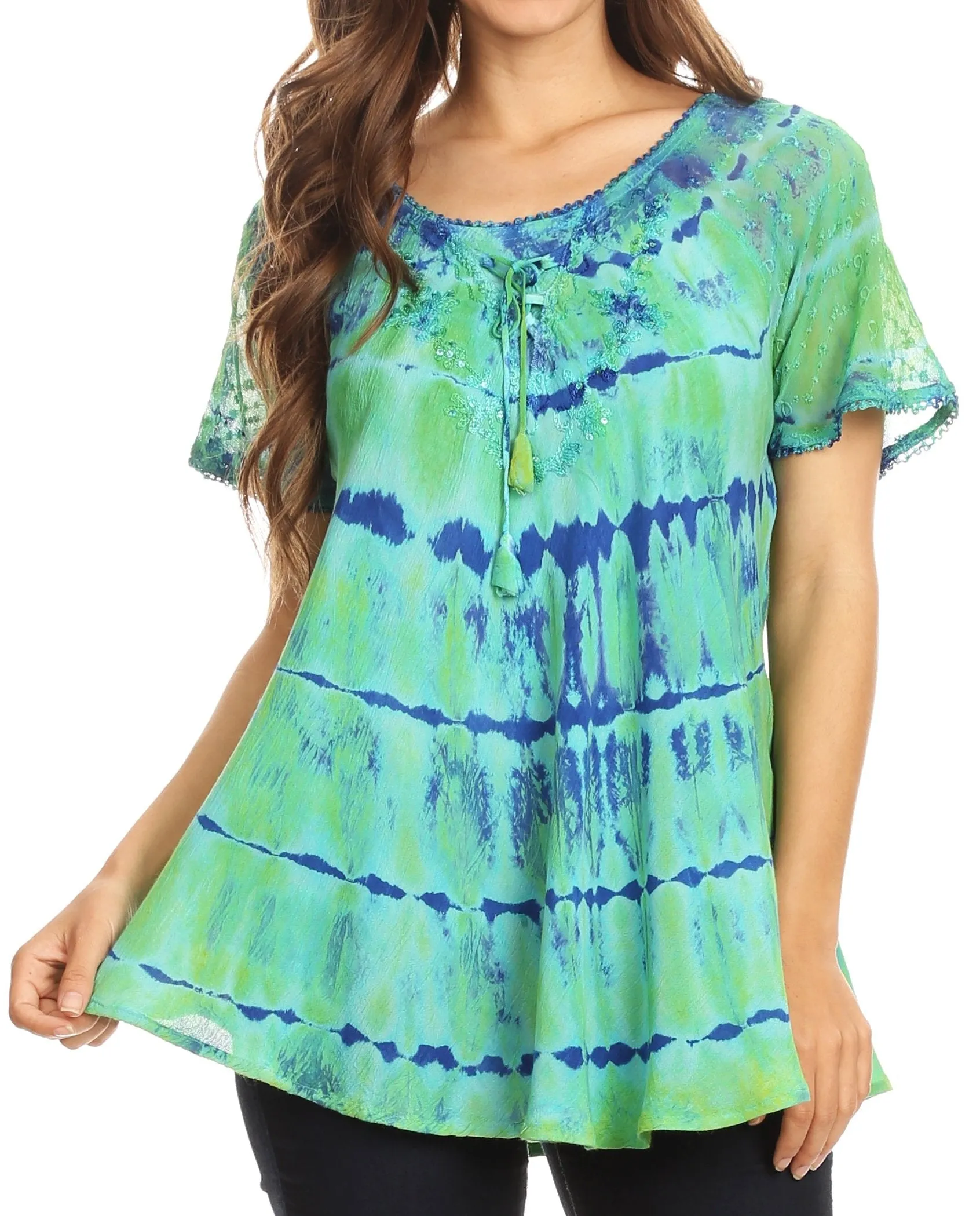 Sakkas Isayan Multi Color Embellished Tie Dye Sheer Cap Sleeve Tunic Top