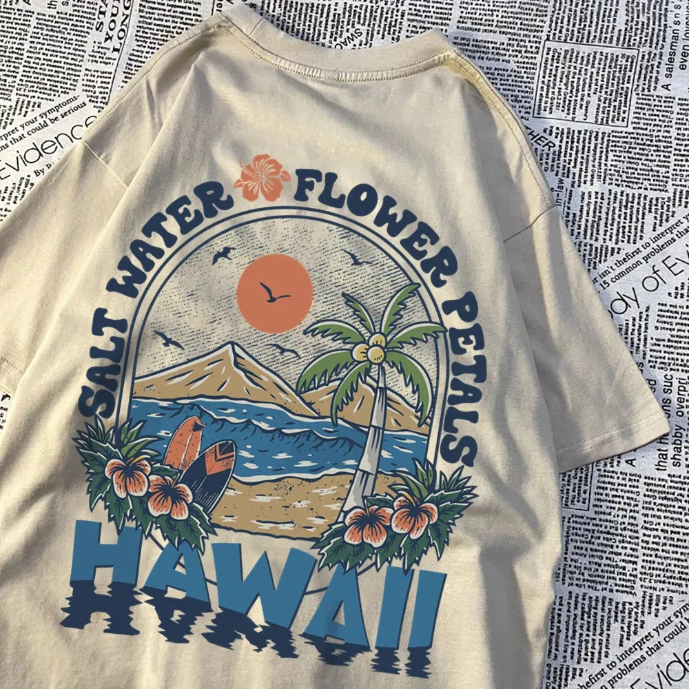 Salt Water Flower Petals Hawaii Print Tshirts for Women Casual Cotton Oversize Hip Hop Tops