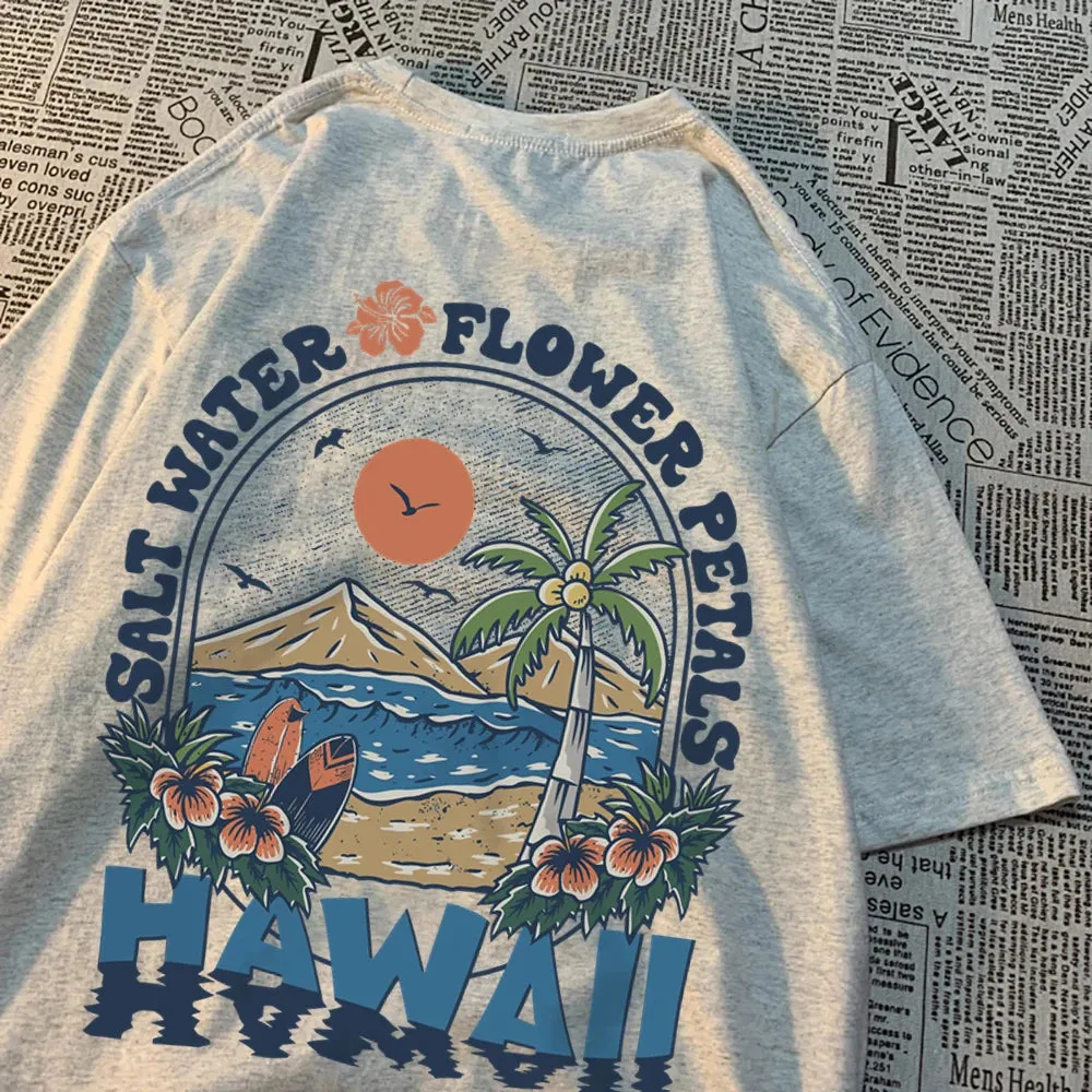 Salt Water Flower Petals Hawaii Print Tshirts for Women Casual Cotton Oversize Hip Hop Tops