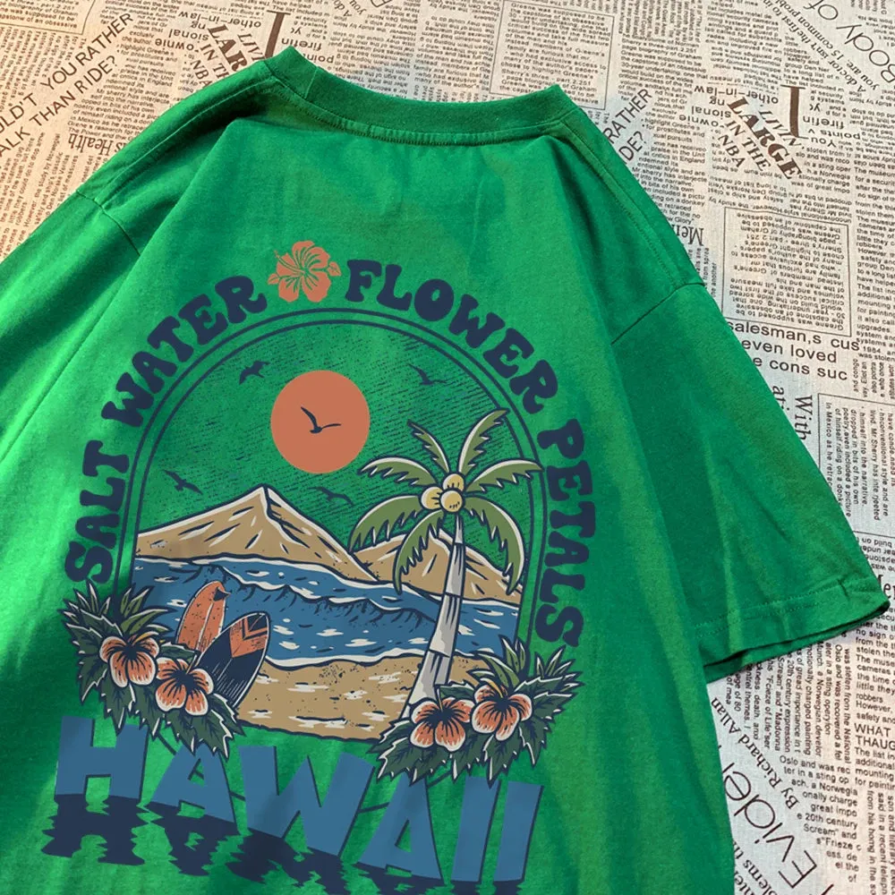 Salt Water Flower Petals Hawaii Print Tshirts for Women Casual Cotton Oversize Hip Hop Tops