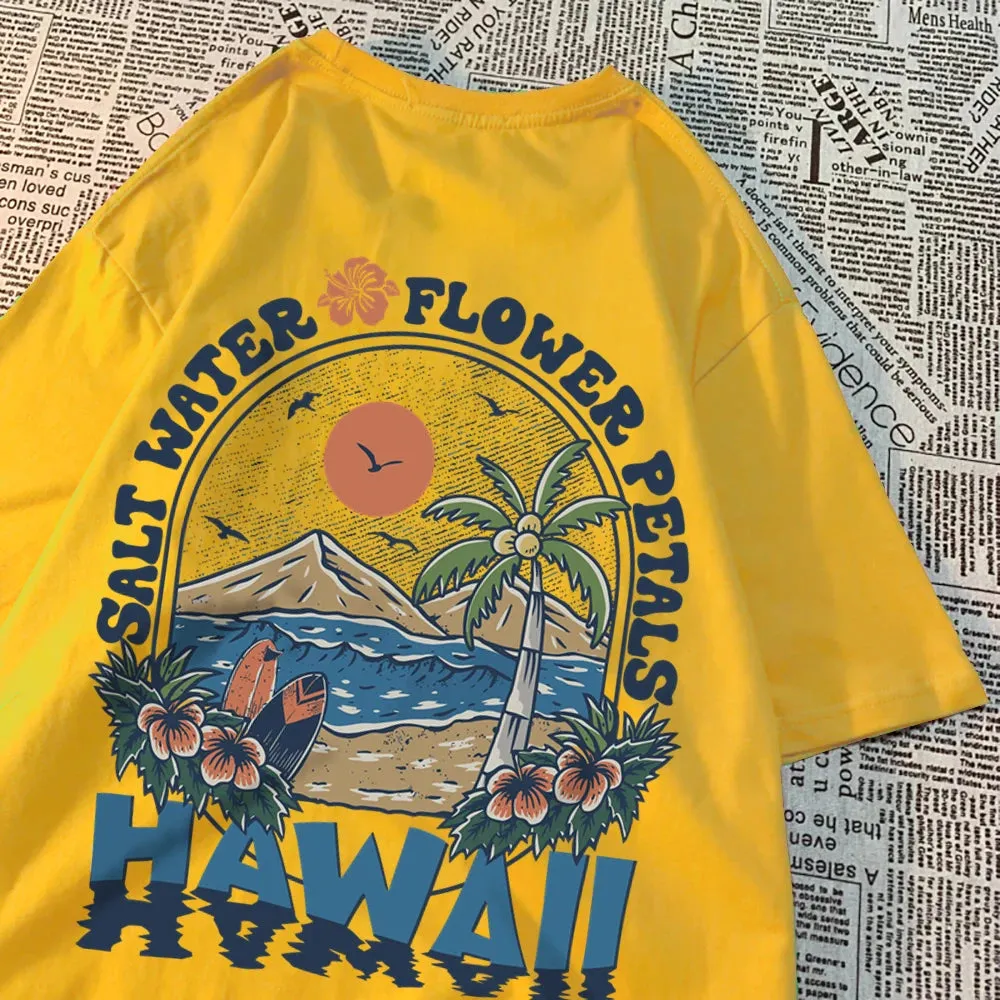 Salt Water Flower Petals Hawaii Print Tshirts for Women Casual Cotton Oversize Hip Hop Tops