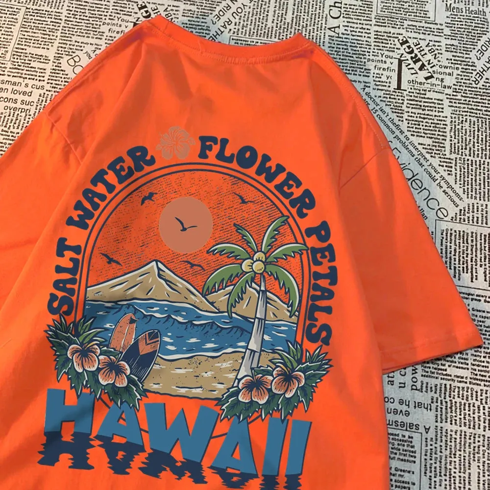 Salt Water Flower Petals Hawaii Print Tshirts for Women Casual Cotton Oversize Hip Hop Tops