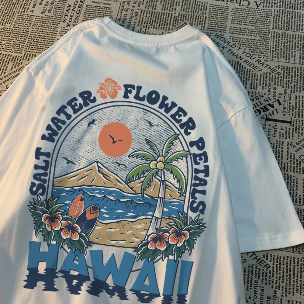 Salt Water Flower Petals Hawaii Print Tshirts for Women Casual Cotton Oversize Hip Hop Tops