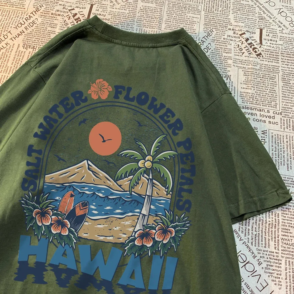 Salt Water Flower Petals Hawaii Print Tshirts for Women Casual Cotton Oversize Hip Hop Tops