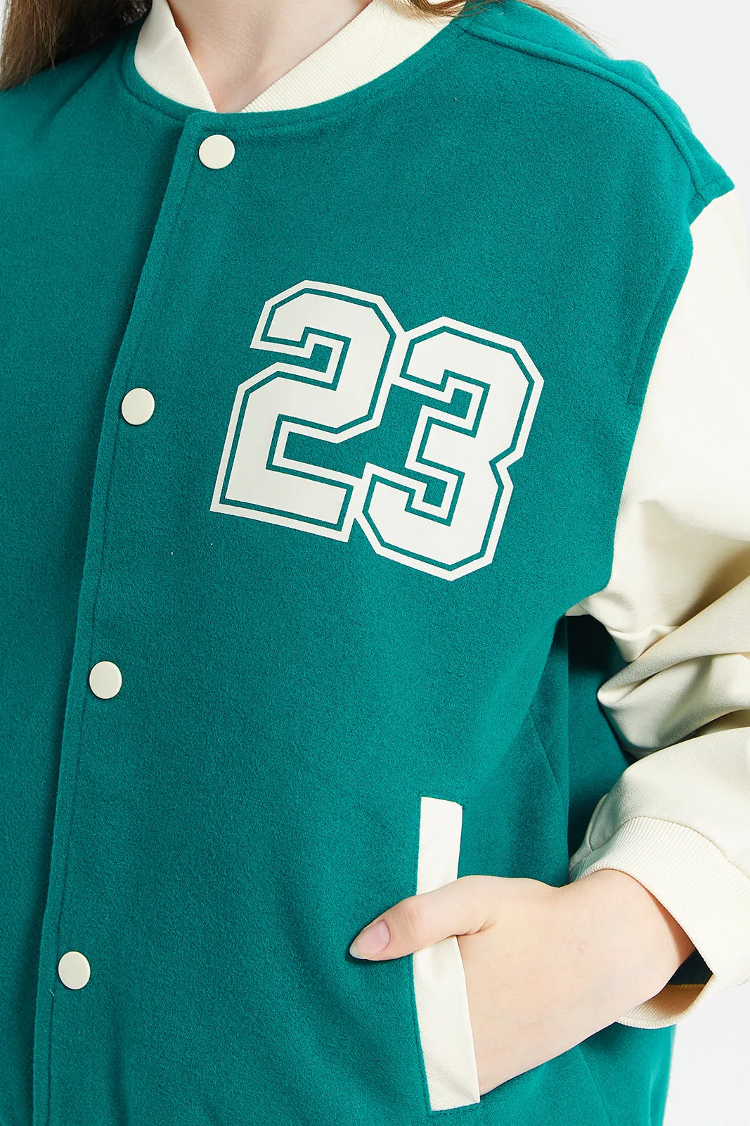 Senior Girls Green And White Melton Baseball Jacket