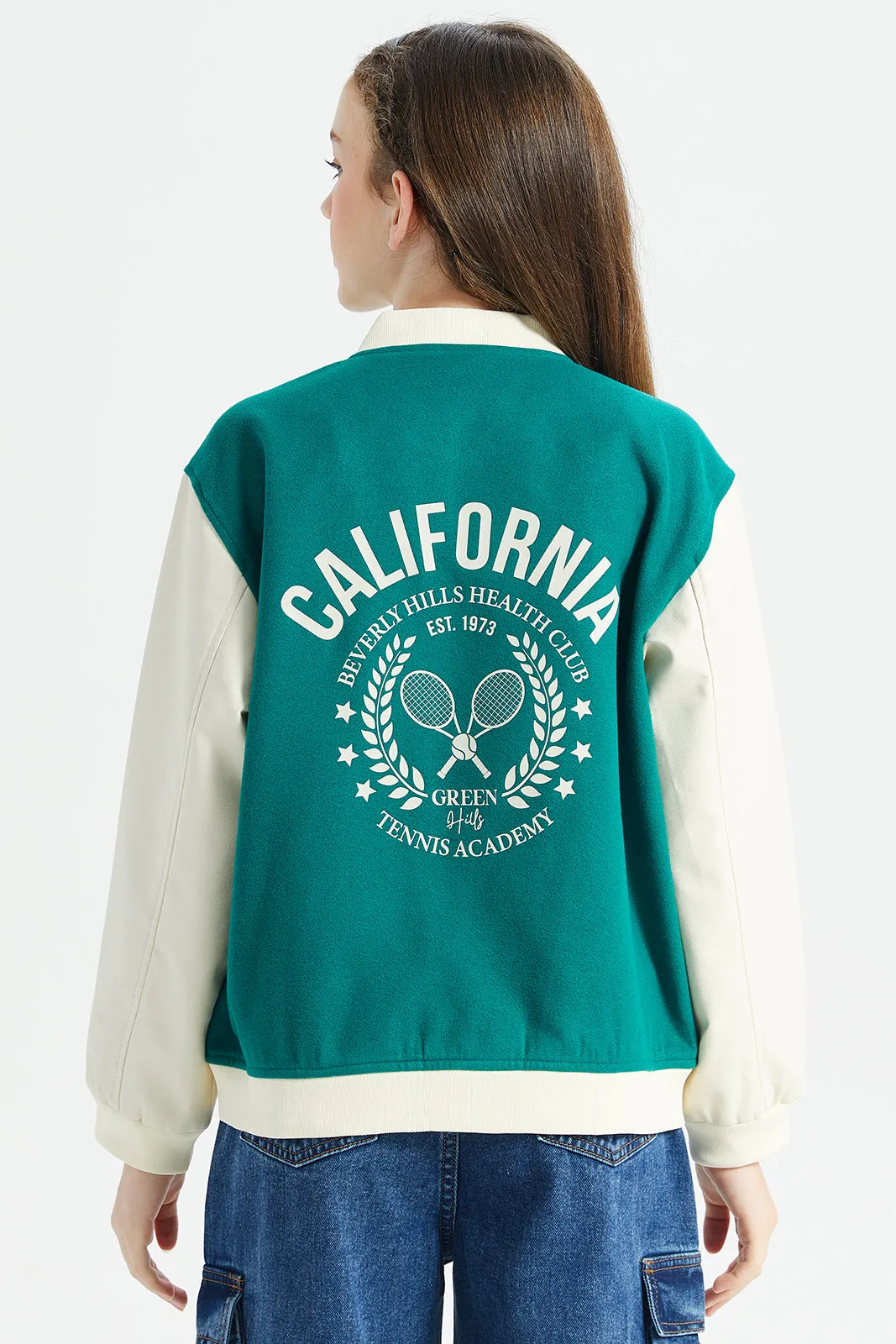 Senior Girls Green And White Melton Baseball Jacket