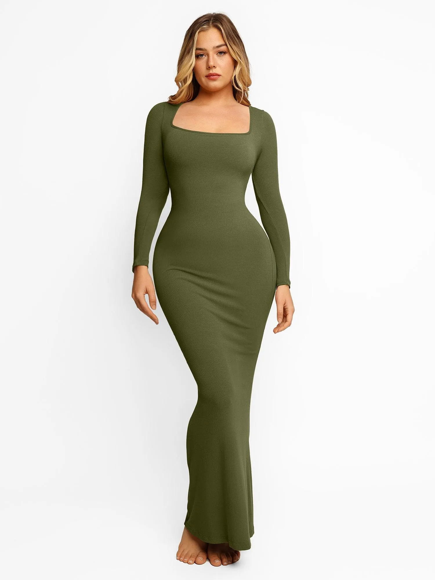 Shapewear Square Neck Long Sleeve Slimming Modal Maxi Dress