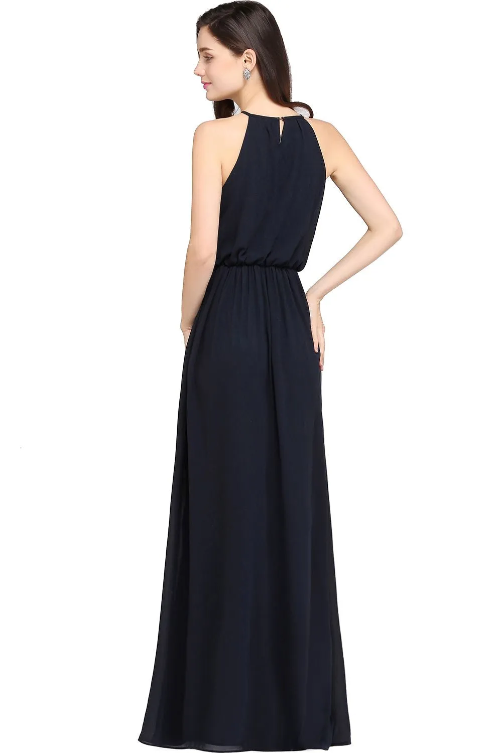 Simple A-Line Chiffon Halter Sleeveless Long Bridesmaid Dresses