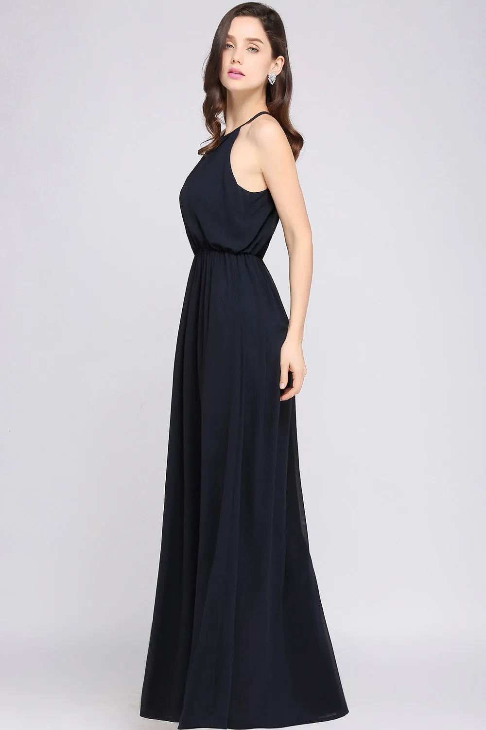 Simple A-Line Chiffon Halter Sleeveless Long Bridesmaid Dresses