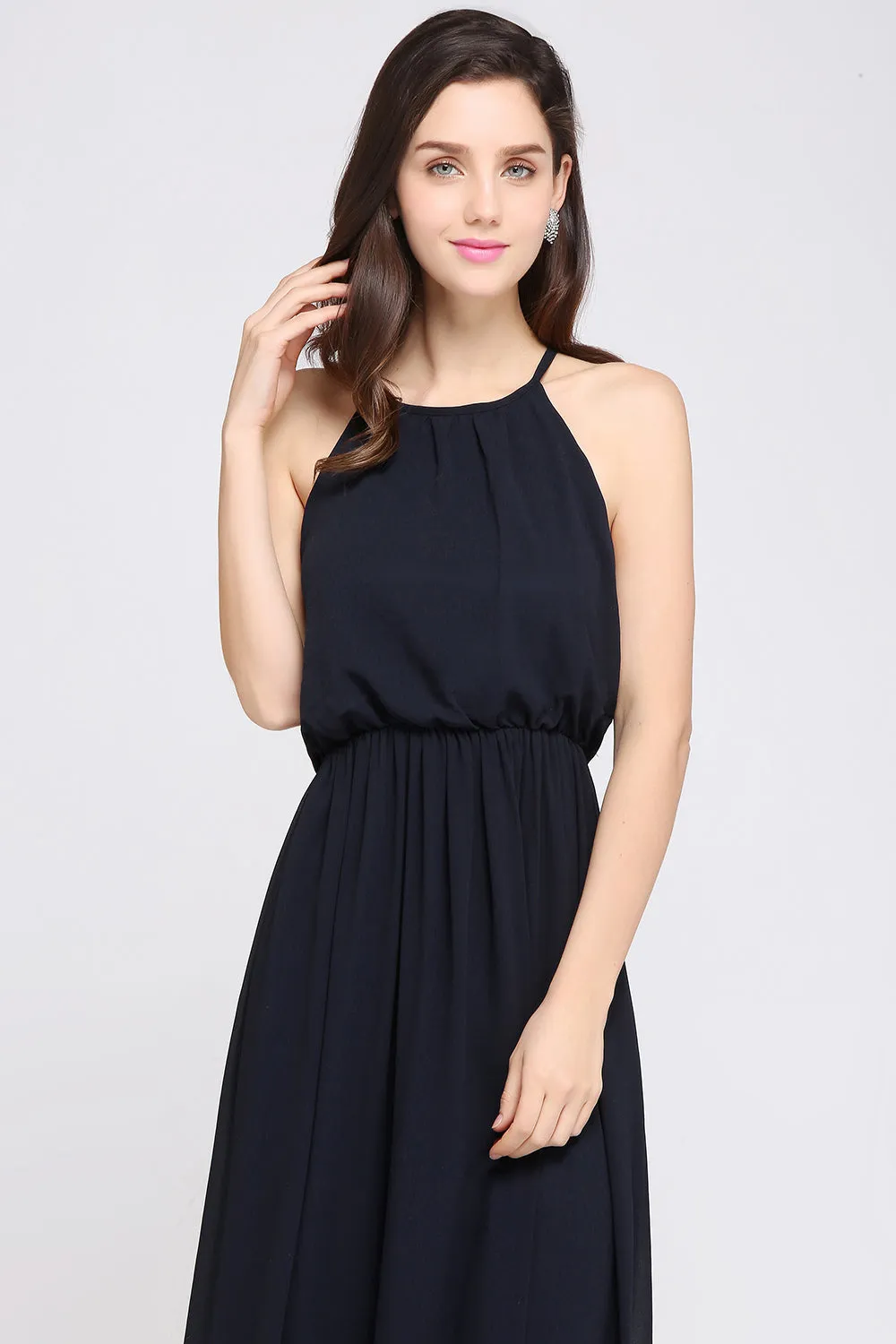 Simple A-Line Chiffon Halter Sleeveless Long Bridesmaid Dresses