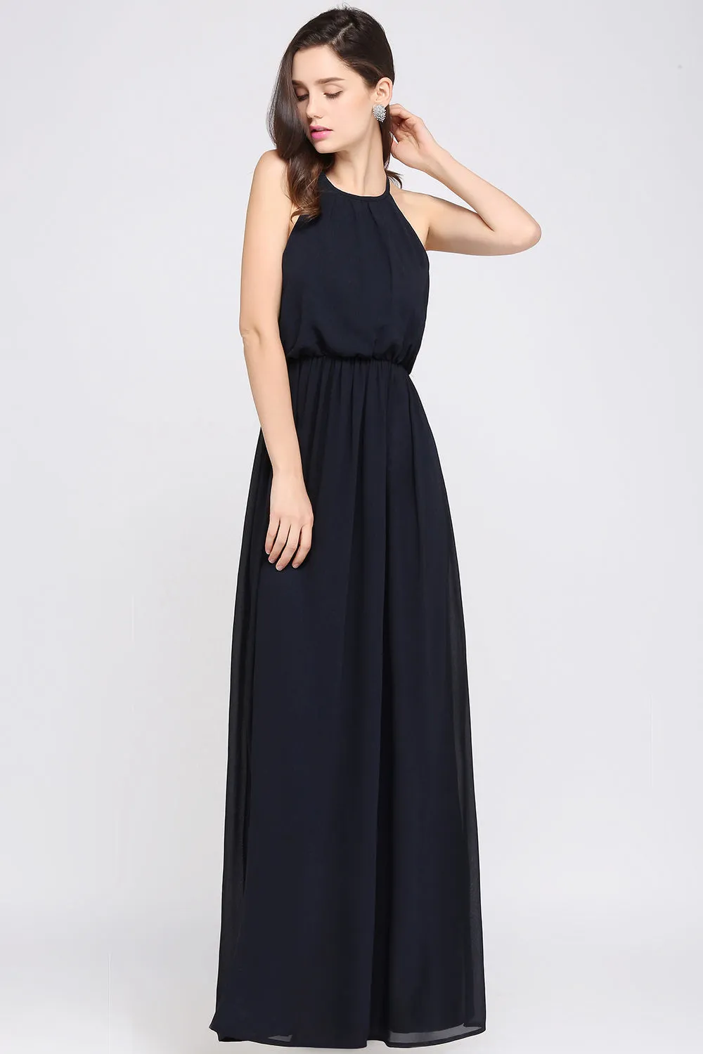 Simple A-Line Chiffon Halter Sleeveless Long Bridesmaid Dresses