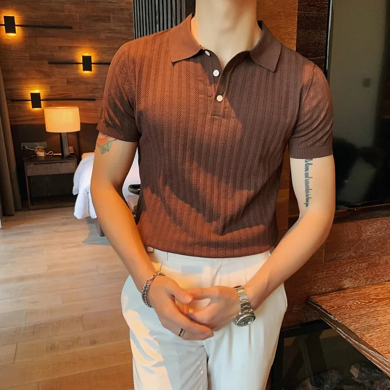 Slim Lapel Knitted Solid Color Polo Shirt