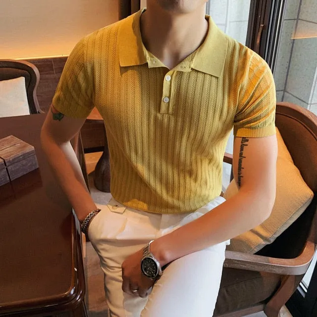 Slim Lapel Knitted Solid Color Polo Shirt