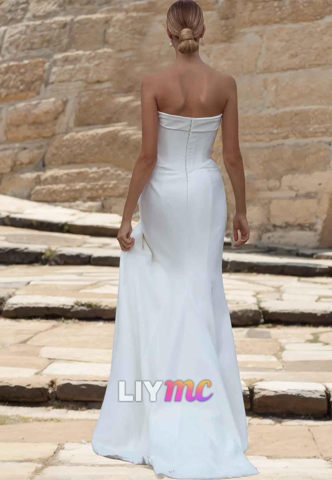 Straight Across Sleeveless Ruched Side Slit Sheath Beach Wedding Dress