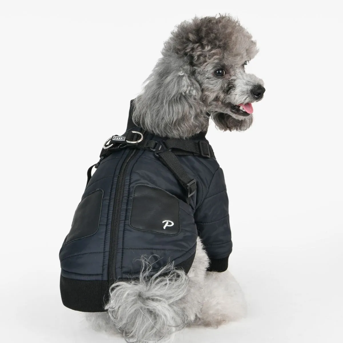 stratus mock neck jacket with harness - black