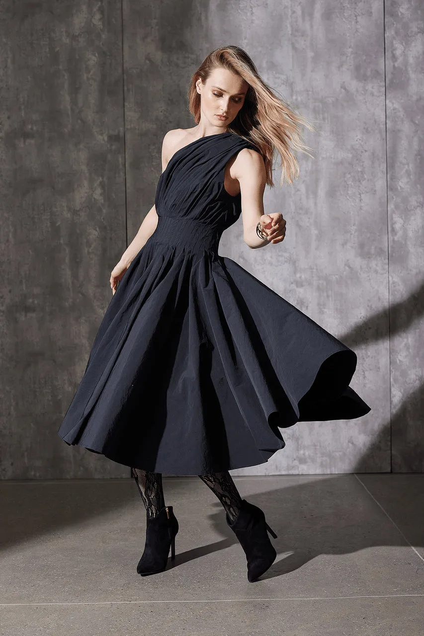 Taffeta One Shoulder Pleated Dress