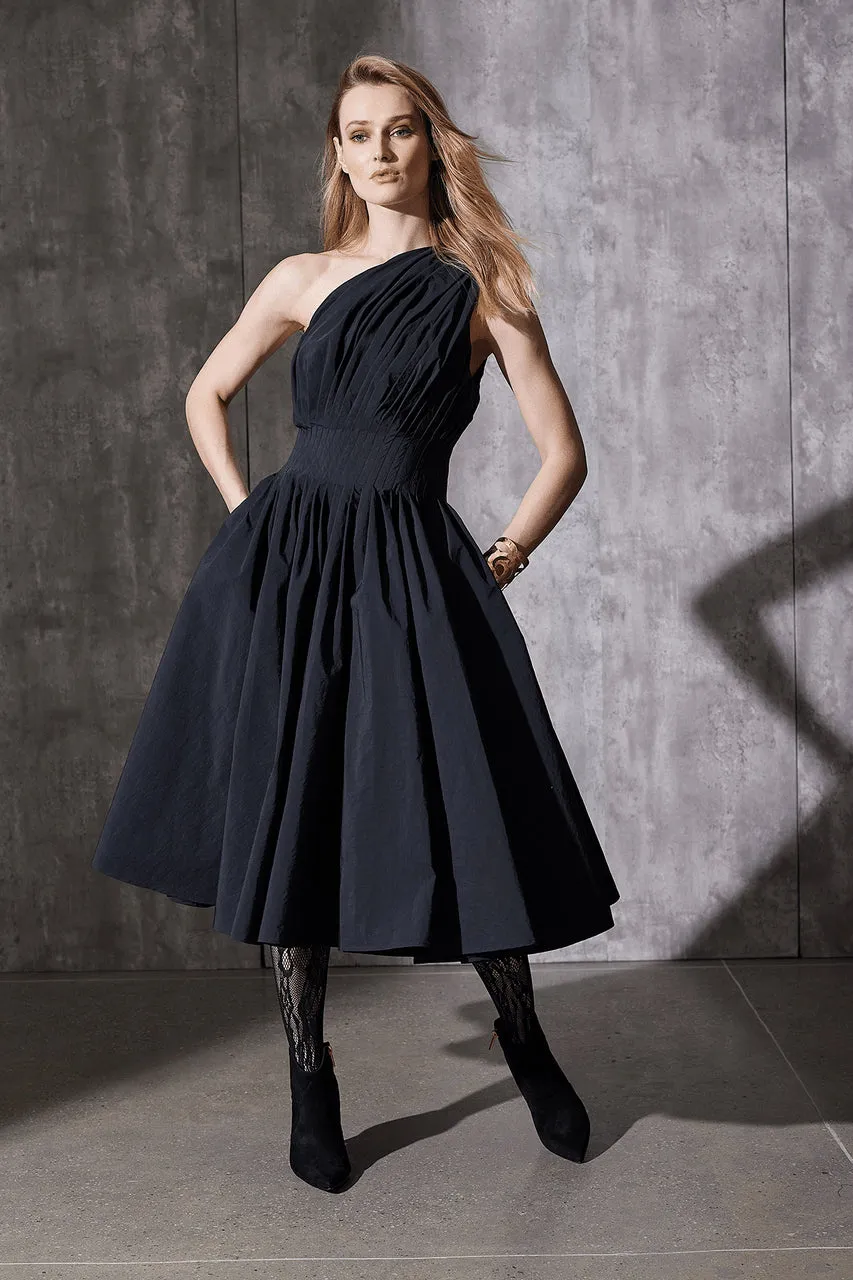 Taffeta One Shoulder Pleated Dress