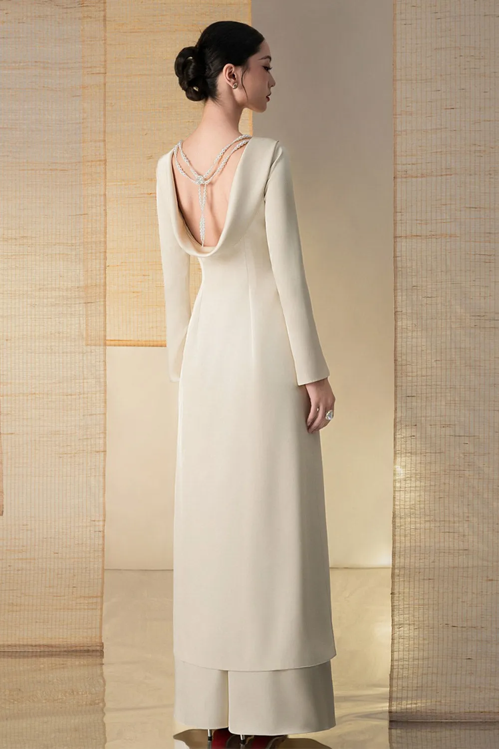 Thanh Sac A-line Boat Neck Twill Silk Floor Length Ao Dai