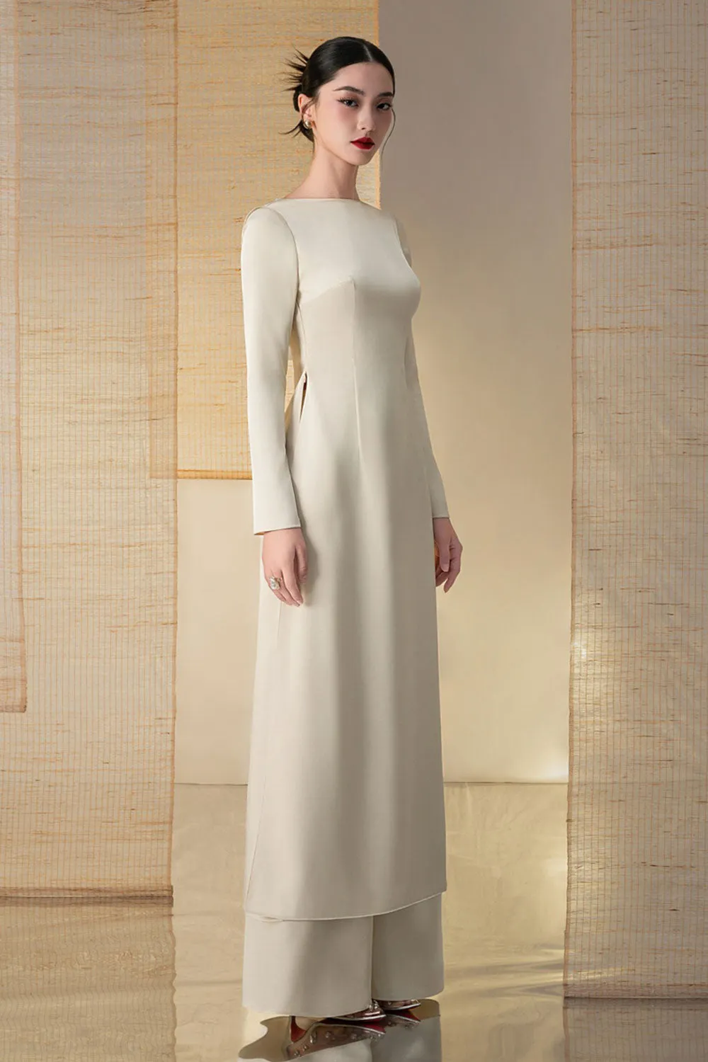 Thanh Sac A-line Boat Neck Twill Silk Floor Length Ao Dai